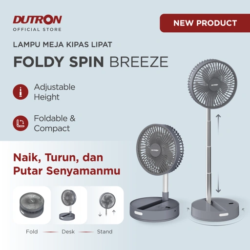 DUTRON Foldy Spin Breeze Kipas Angin Portable 3 in 1 Tinggi Adjustable Swing Otomatis dengan Lampu LED Baterai 4400 mAh Rechargeable Type C