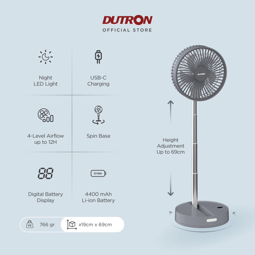DUTRON Foldy Spin Breeze Kipas Angin Portable 3 in 1 Tinggi Adjustable Swing Otomatis dengan Lampu LED Baterai 4400 mAh Rechargeable Type C
