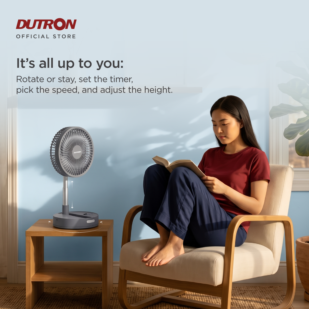 DUTRON Foldy Spin Breeze Kipas Angin Portable 3 in 1 Tinggi Adjustable Swing Otomatis dengan Lampu LED Baterai 4400 mAh Rechargeable Type C