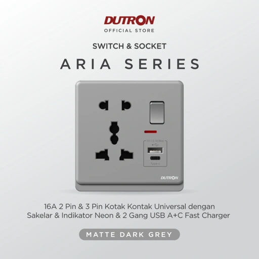 Image of DUTRON ARIA Series Dark Grey Stop Kontak / Stop Kontak Universal USB A + C Fast Charger / Stop Kontak Universal