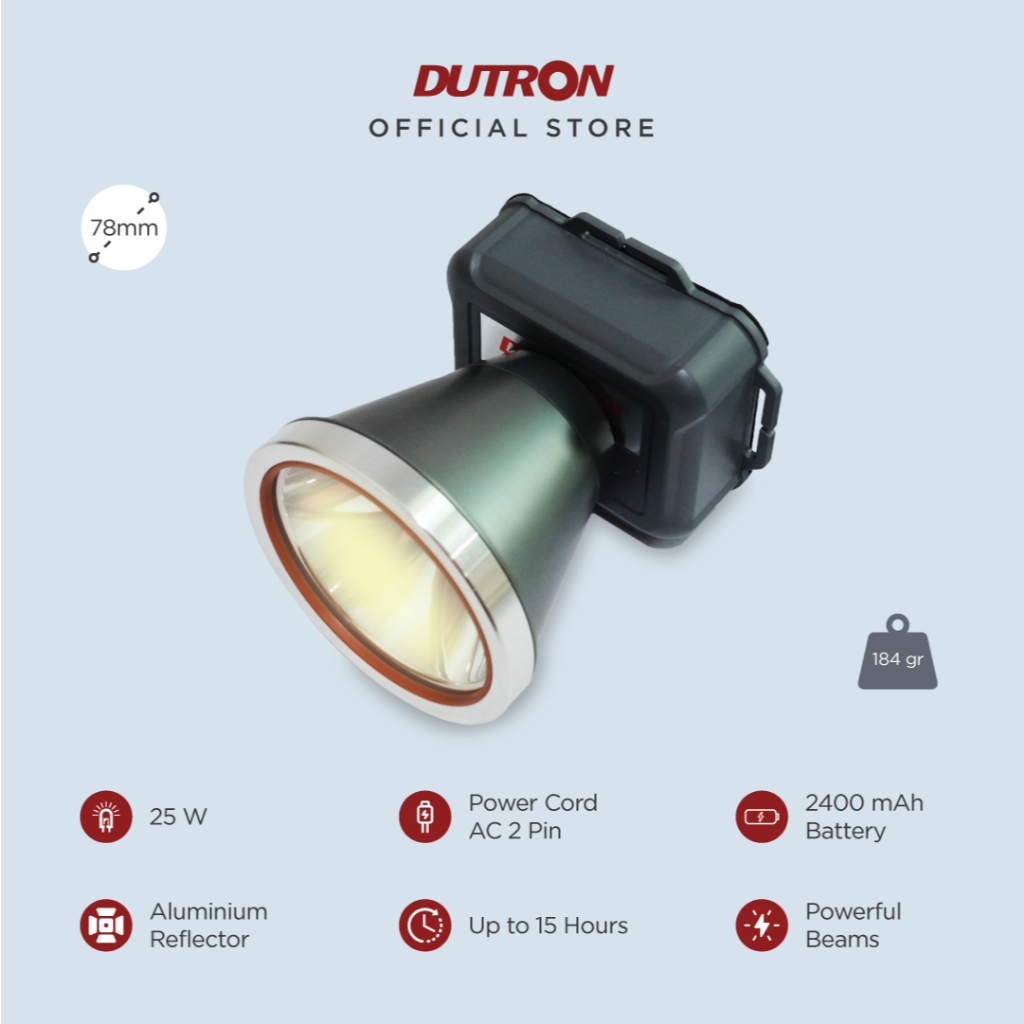 DUTRON Senter Kepala LED Force Beam Outdoor Rechargeable Alumunium Reflector 25 Watt