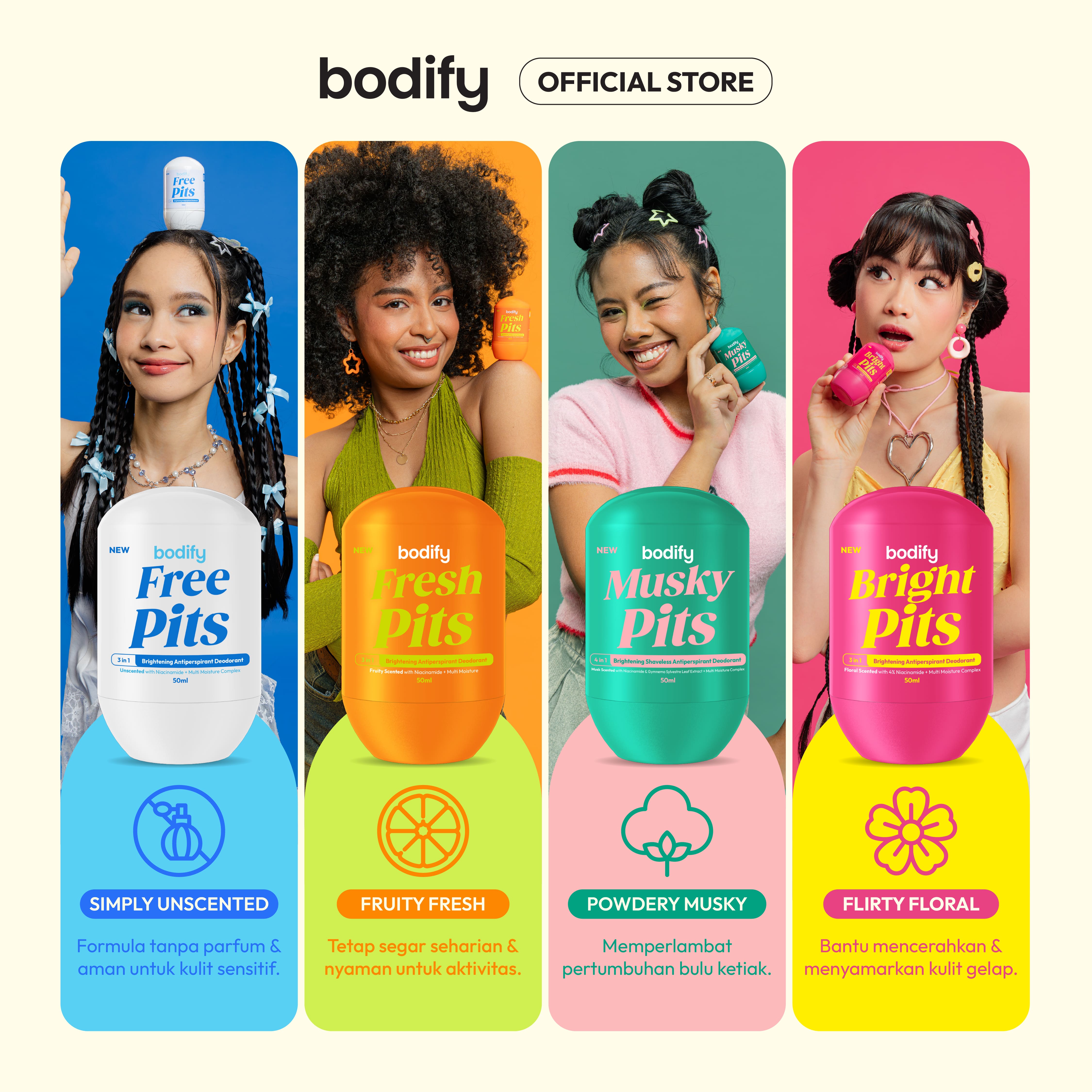 BODIFY FREE PITS 3in1 Brightening Antiperspirant Deodorant  Roll On 50ml  Mencerahkan, Aman untuk Kulit Sensitif, Lawan Bau Badan & Keringat Berlebih