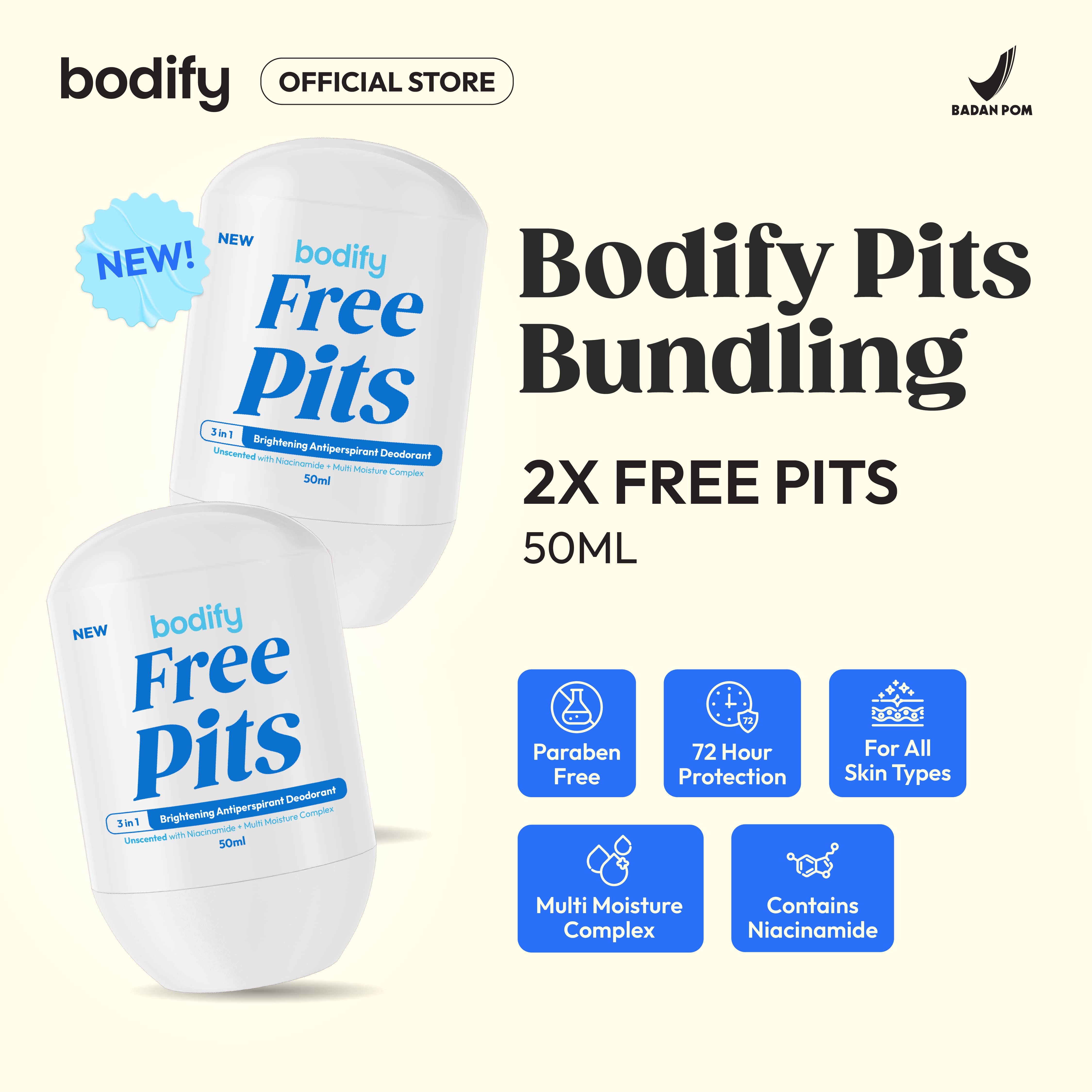 [Bundling 2 Free Pits]BODIFY FREE PITS 3in1 Brightening Antiperspirant Deodorant RollOn 50ml Mencerahkan, Sensitif,Lawan Bau Badan&Keringat Berlebih