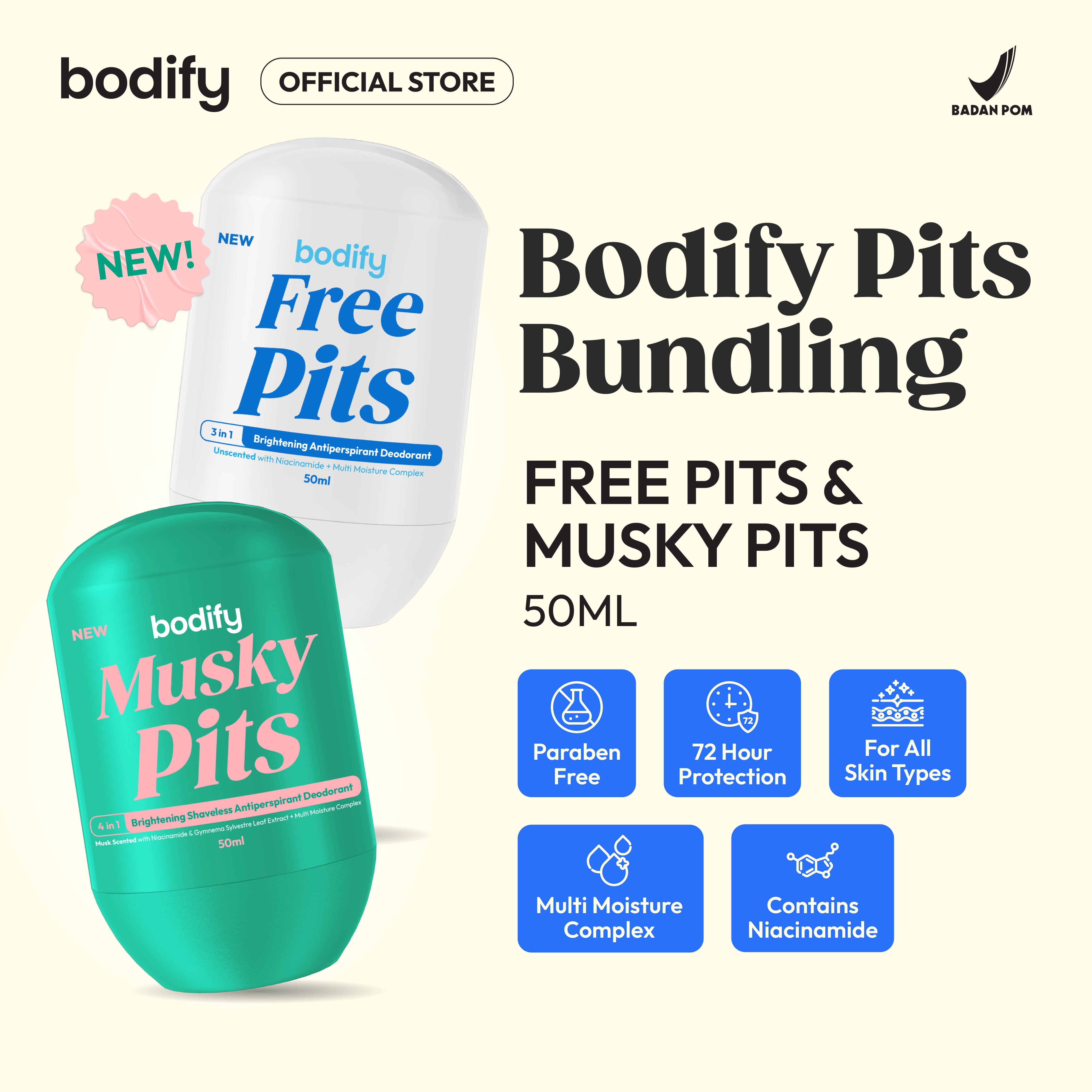 [HappyPITS]FREE PITS & MUSKY PITS 3in1 Brightening Antiperspirant Deodorant RollOn 50ml Mencerahkan,Kulit Sensitif,Lawan Bau Badan&Keringat Berlebih