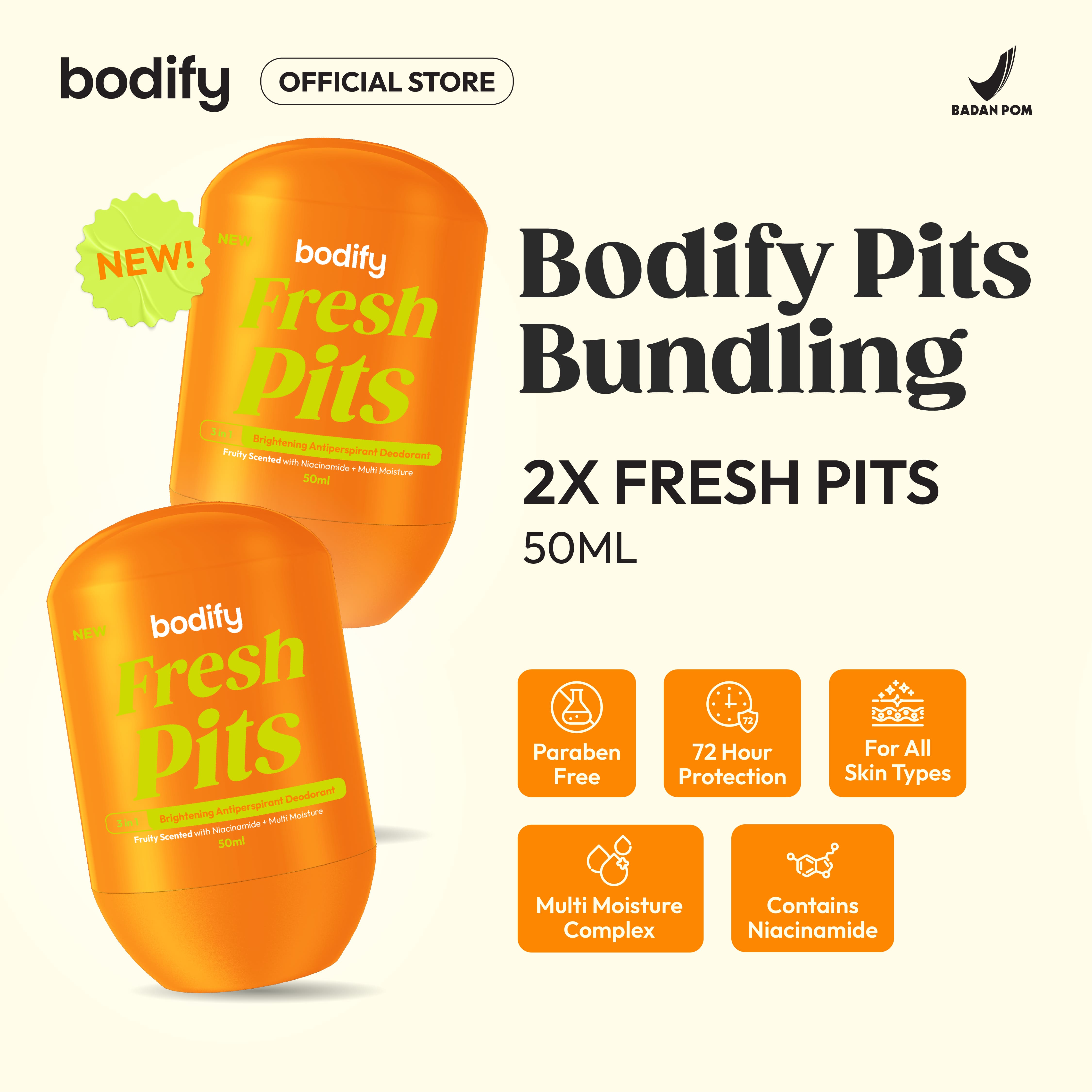 [Bundling 2 Fresh Pits]BODIFY FRESH PITS 3in1 Brightening Antiperspirant Deodorant RollOn 50ml Mencerahkan,Sensitif,Lawan Bau Badan&Keringat Berlebih