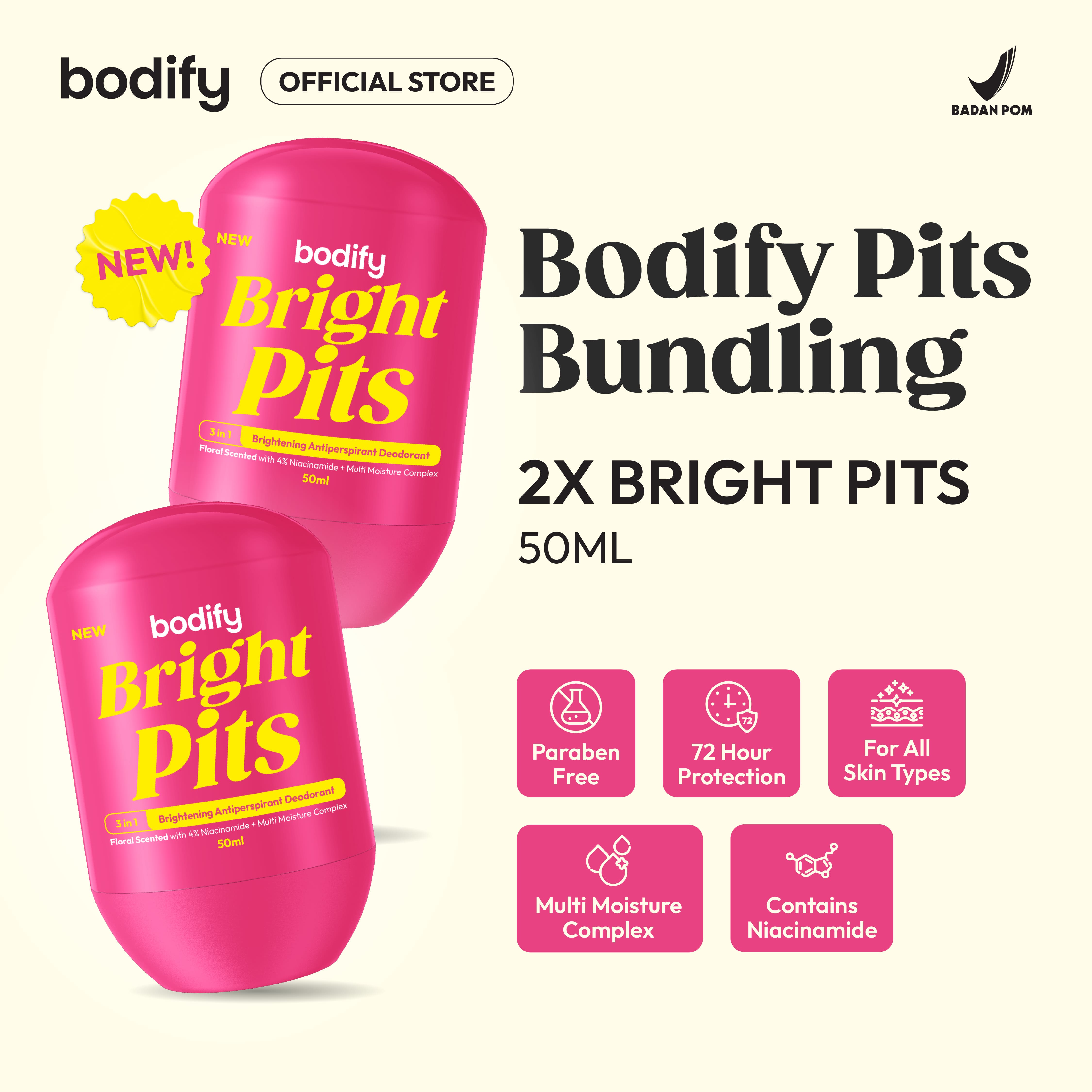 [Bundling 2Bright Pits ]BODIFY BRIGHT PITS 3in1 Brightening Antiperspirant Deodorant RollOn 50ml Mencerahkan,Sensitif,Lawan Bau Badan&Keringat Berlebih