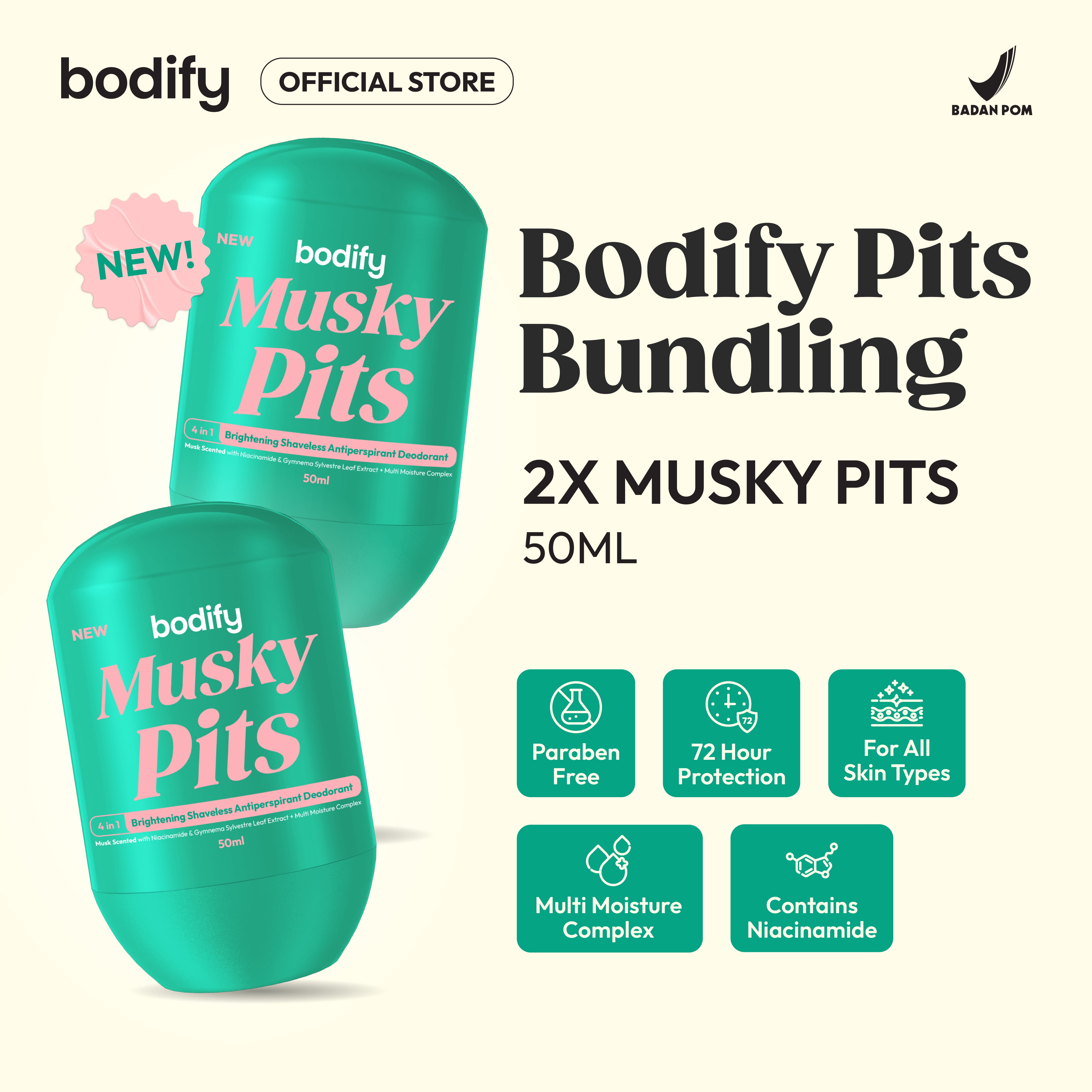 [Bundling 2Musky Pits]BODIFY MUSKY PITS 4in1 Brightening Shaveless Antiperspirant Deodorant RollOn 50ml Mencerahkan,Sensitif,Lawan Bau Badan&Keringat
