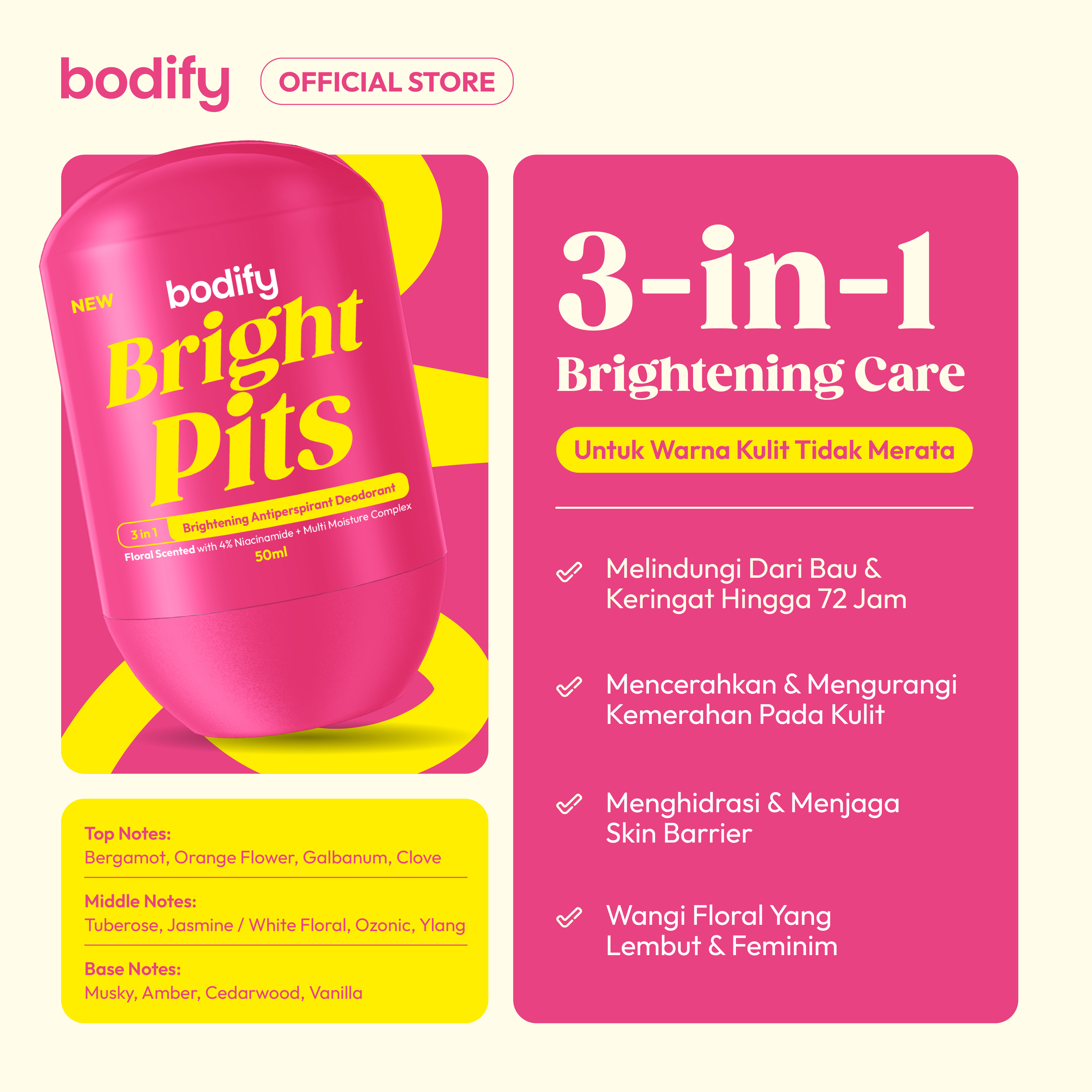 [Bundling 2Bright Pits ]BODIFY BRIGHT PITS 3in1 Brightening Antiperspirant Deodorant RollOn 50ml Mencerahkan,Sensitif,Lawan Bau Badan&Keringat Berlebih