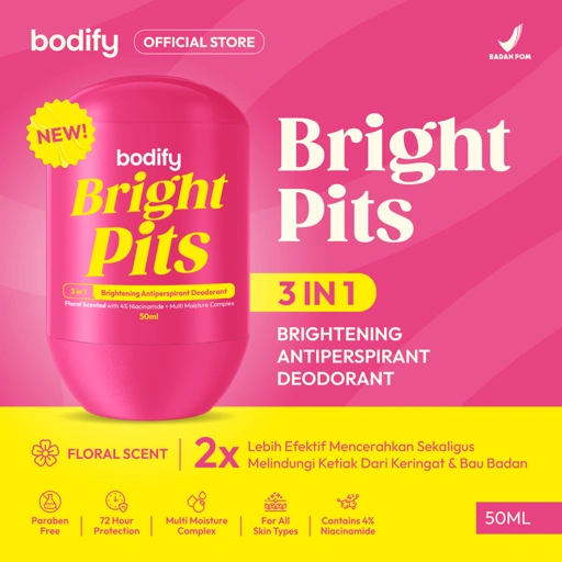 Image of BODIFY BRIGHT PITS 3in1 Brightening Antiperspirant Deodorant Roll On 50ml Mencerahkan, Aman untuk Kulit Sensitif, Lawan Bau Badan & Keringat Berlebih