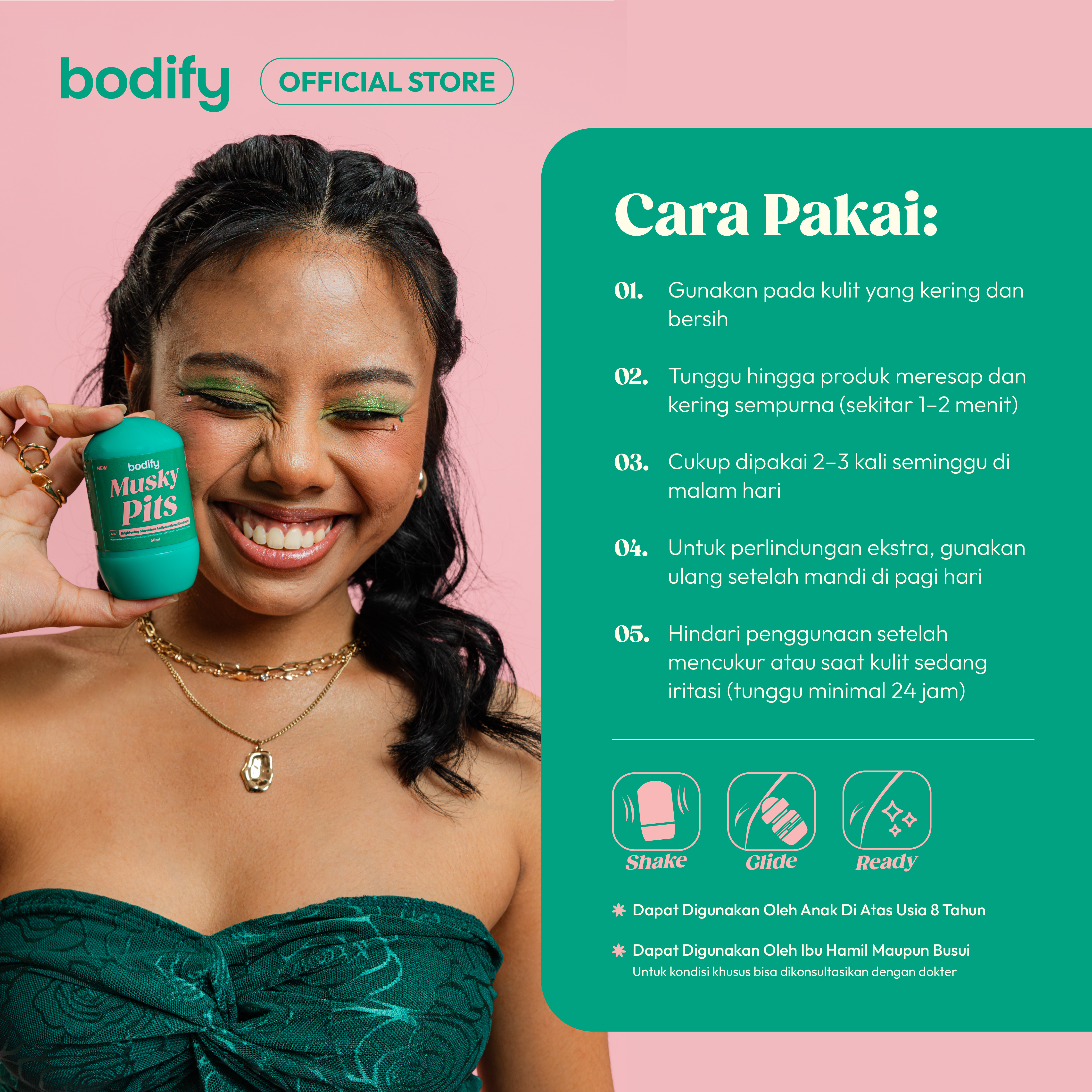 BODIFY MUSKY PITS 4in1 Brightening Shaveless Antiperspirant Deodorant Roll On 50ml Mencerahkan, Kulit Sensitif,Lawan Bau Badan & Keringat Berlebih