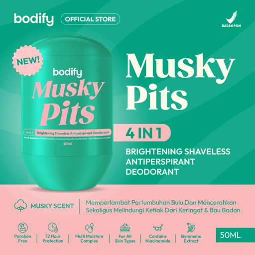 Image of BODIFY MUSKY PITS 4in1 Brightening Shaveless Antiperspirant Deodorant Roll On 50ml Mencerahkan, Kulit Sensitif,Lawan Bau Badan & Keringat Berlebih