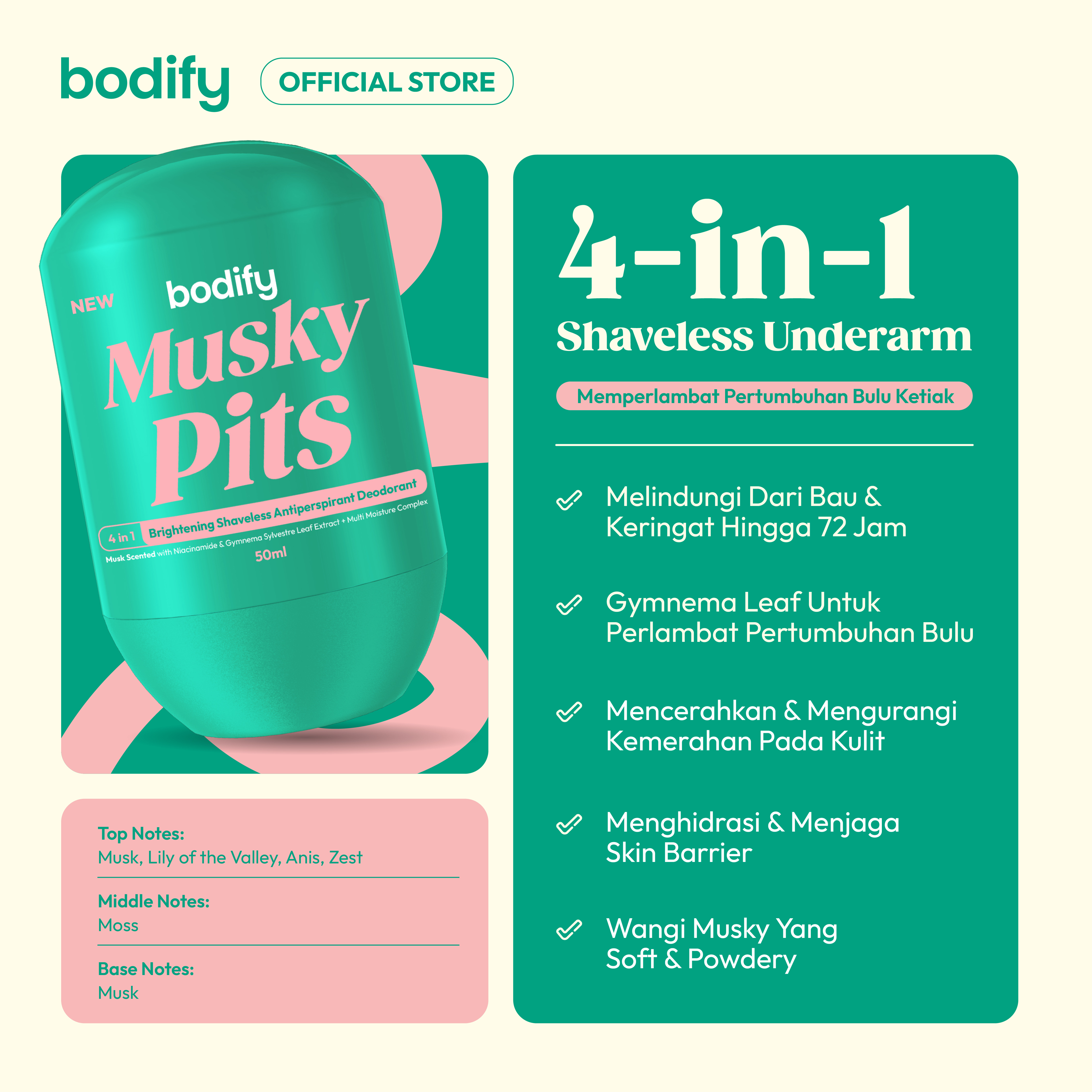 [Bundling 2Musky Pits]BODIFY MUSKY PITS 4in1 Brightening Shaveless Antiperspirant Deodorant RollOn 50ml Mencerahkan,Sensitif,Lawan Bau Badan&Keringat