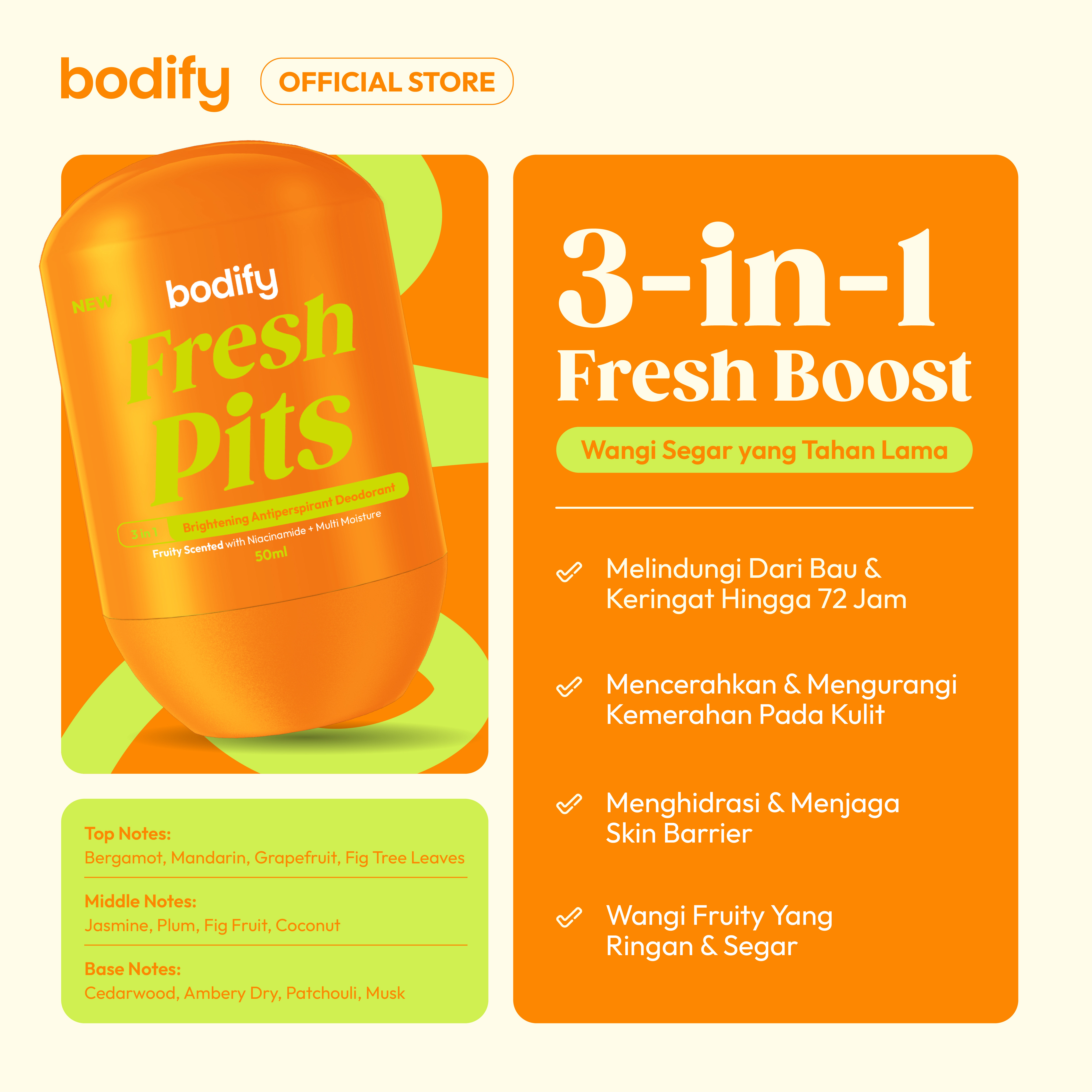 [HappyPITS]FRESH PITS & BRIGHT PITS 3in1 Brightening Antiperspirant Deodorant RollOn 50ml Mencerahkan,Sensitif,Lawan Bau Badan&Keringat Berlebih
