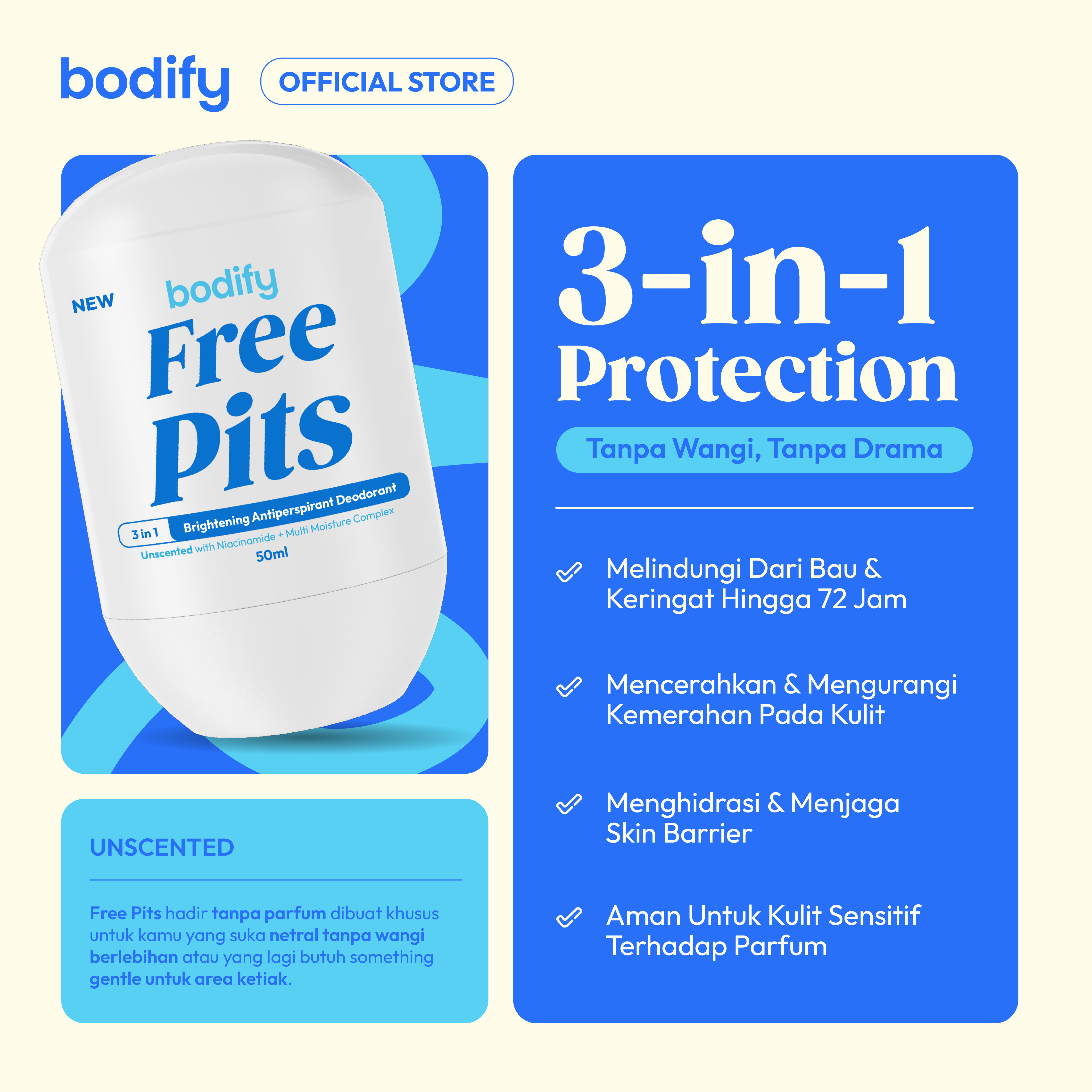 BODIFY FREE PITS 3in1 Brightening Antiperspirant Deodorant Roll On 50ml Mencerahkan, Aman untuk Kulit Sensitif, Lawan Bau Badan & Keringat Berlebih