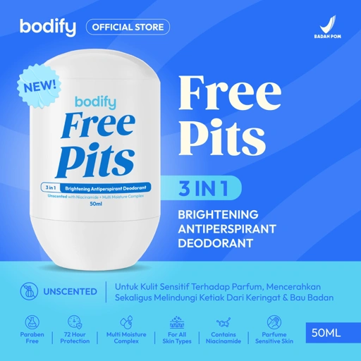 Image of BODIFY FREE PITS 3in1 Brightening Antiperspirant Deodorant  Roll On 50ml  Mencerahkan, Aman untuk Kulit Sensitif, Lawan Bau Badan & Keringat Berlebih