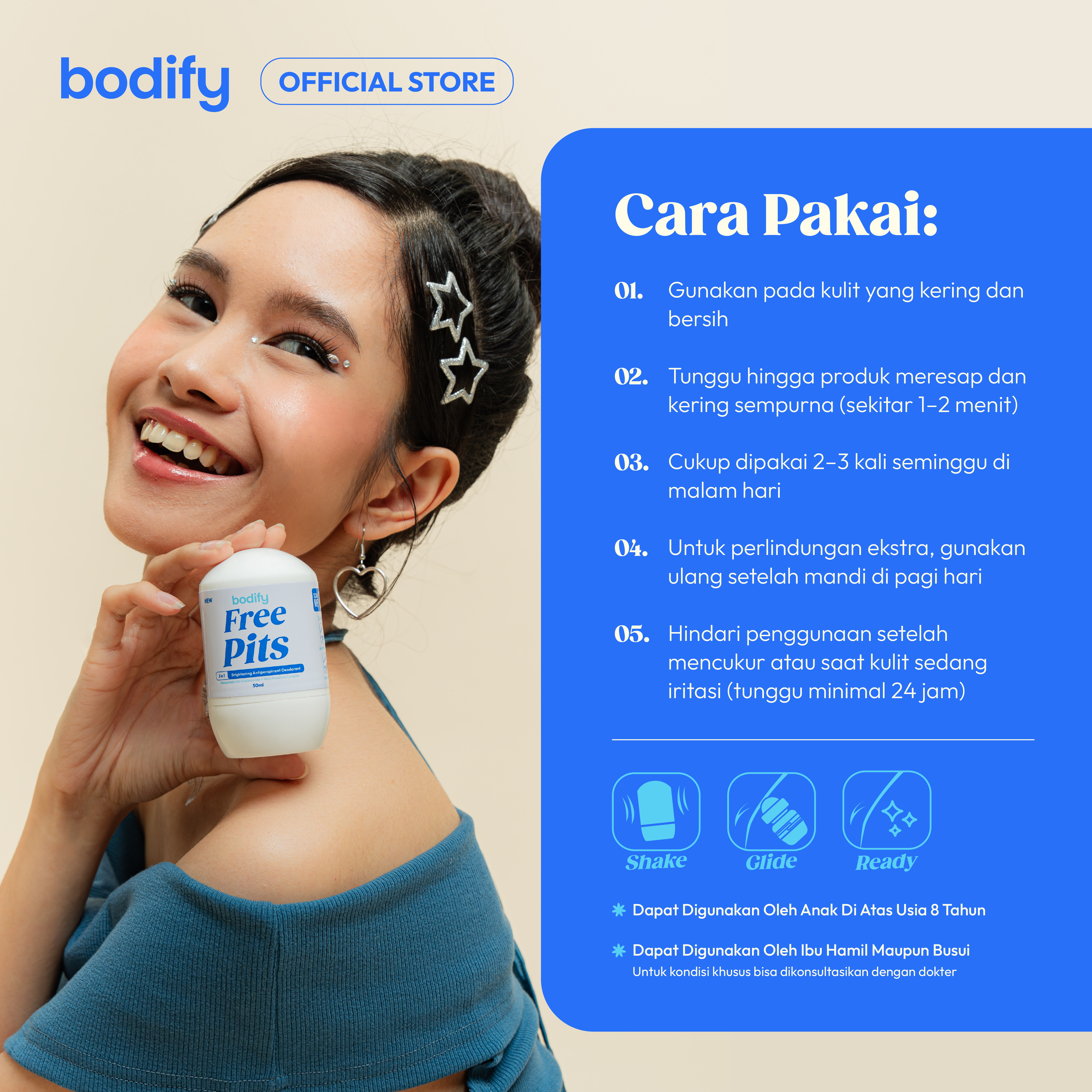 [Bundling 2 Free Pits]BODIFY FREE PITS 3in1 Brightening Antiperspirant Deodorant RollOn 50ml Mencerahkan, Sensitif,Lawan Bau Badan&Keringat Berlebih