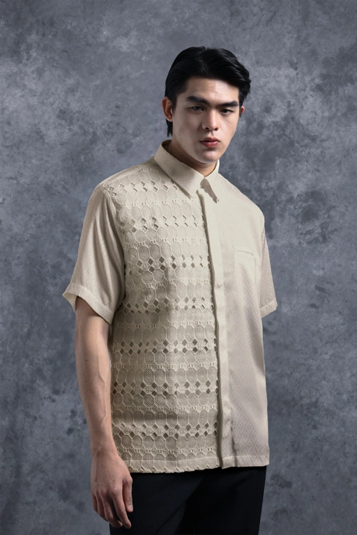 Image of Kemeja Brokat Manggala Lengan Pendek Gading