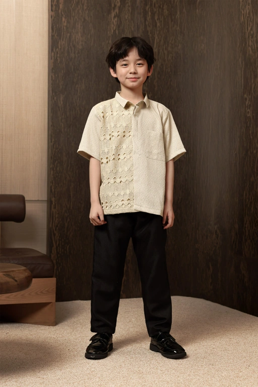 Image of Kemeja Brokat Manggala Anak Lengan Pendek Gading