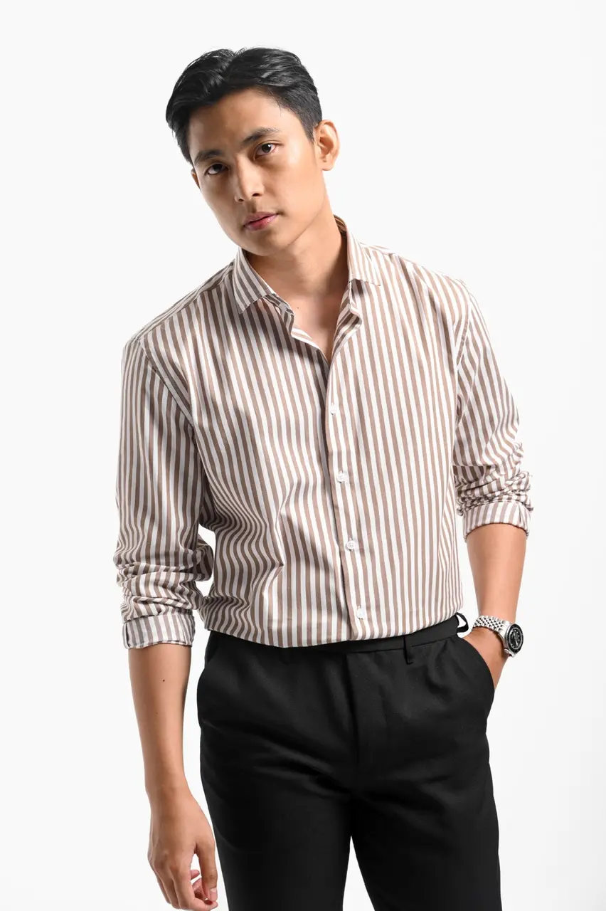 Stripy Shirt Long Sleeve Khaki