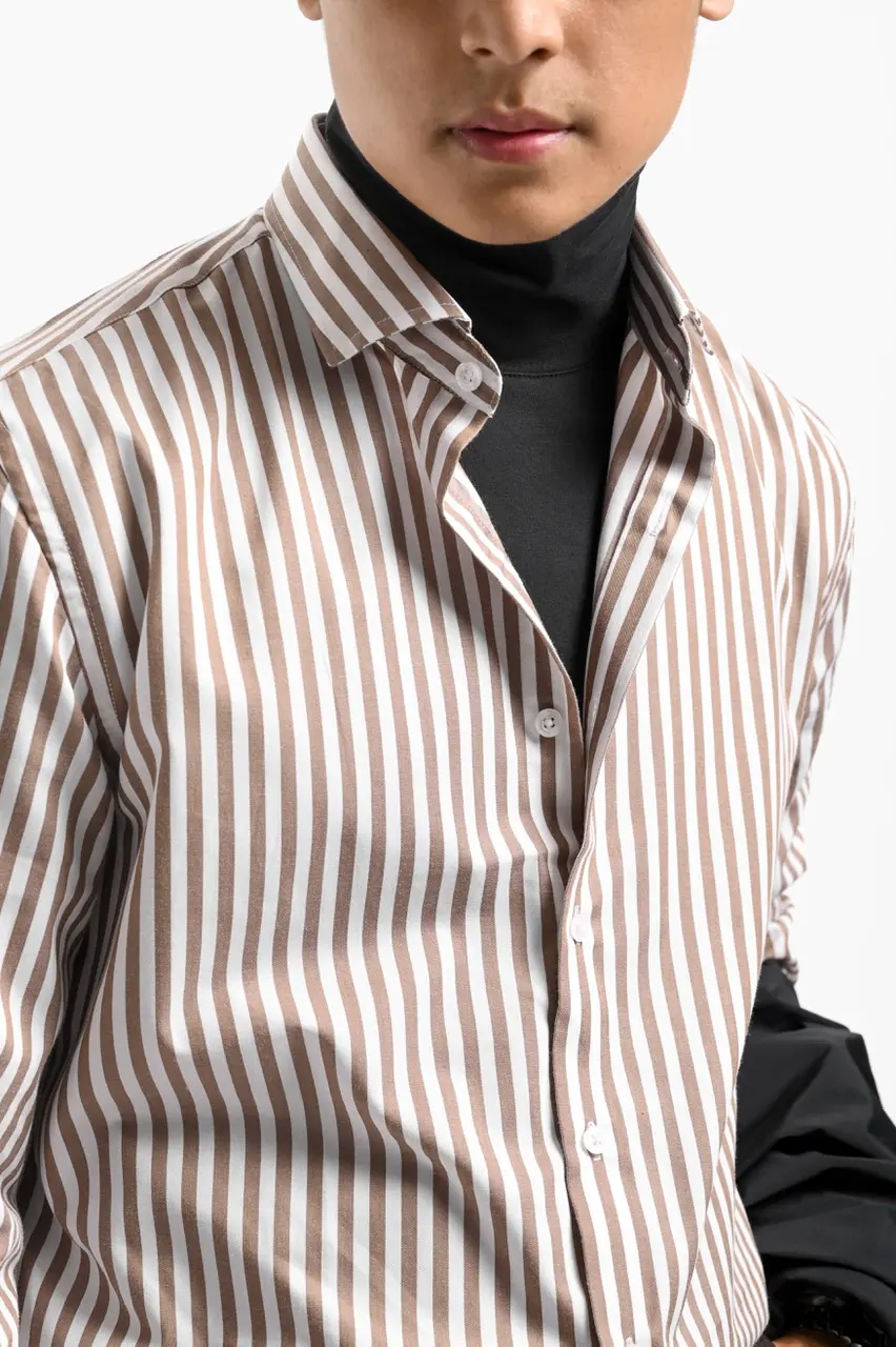 Stripy Shirt Long Sleeve Khaki