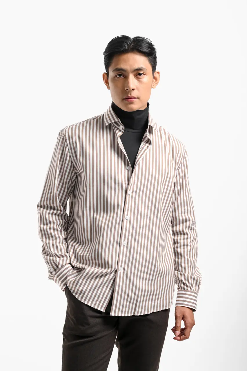 Stripy Shirt Long Sleeve Khaki