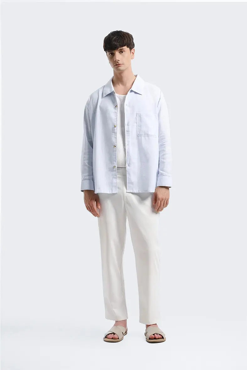 Saverin Linen Relaxed Long Sleeve Shirt Light Blue