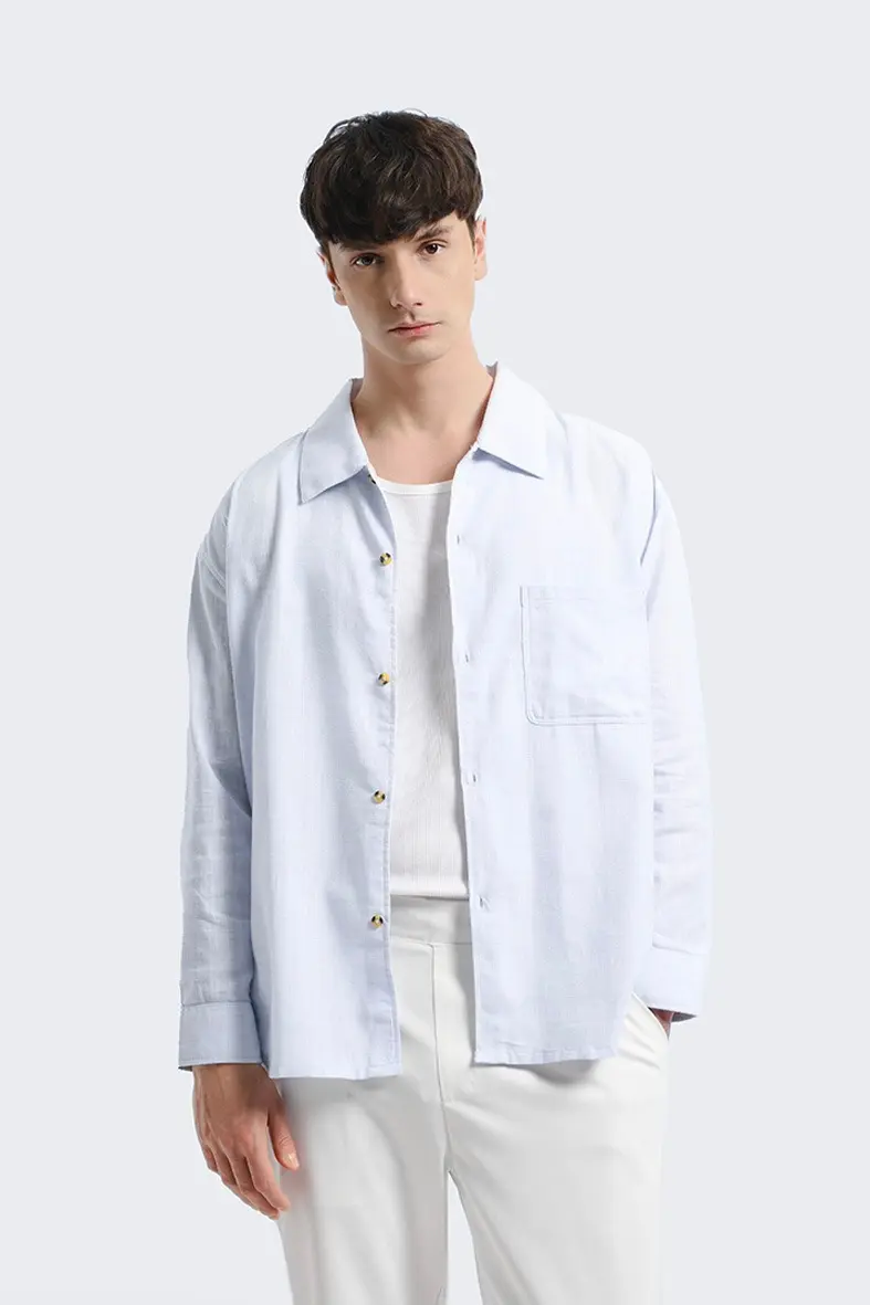 Saverin Linen Relaxed Long Sleeve Shirt Light Blue