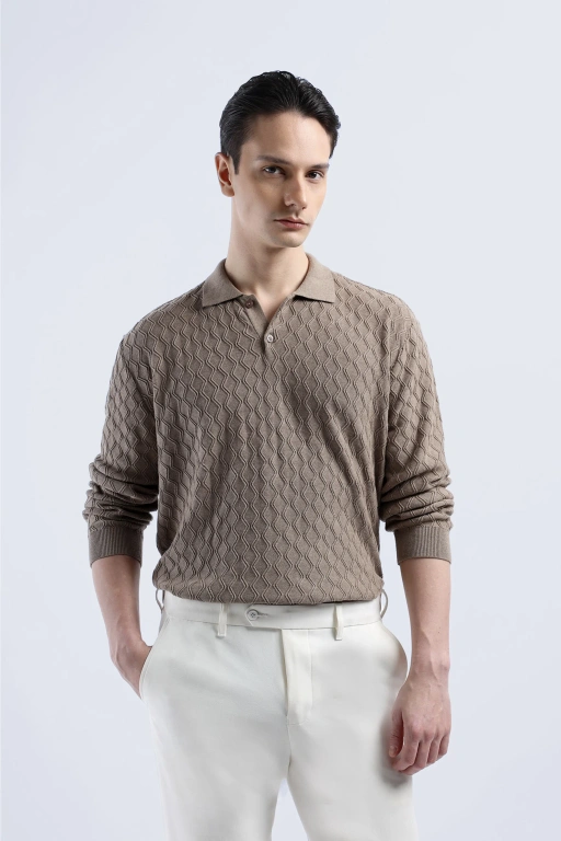 Image of Edmund Knit Polo Long Sleeve Mocca