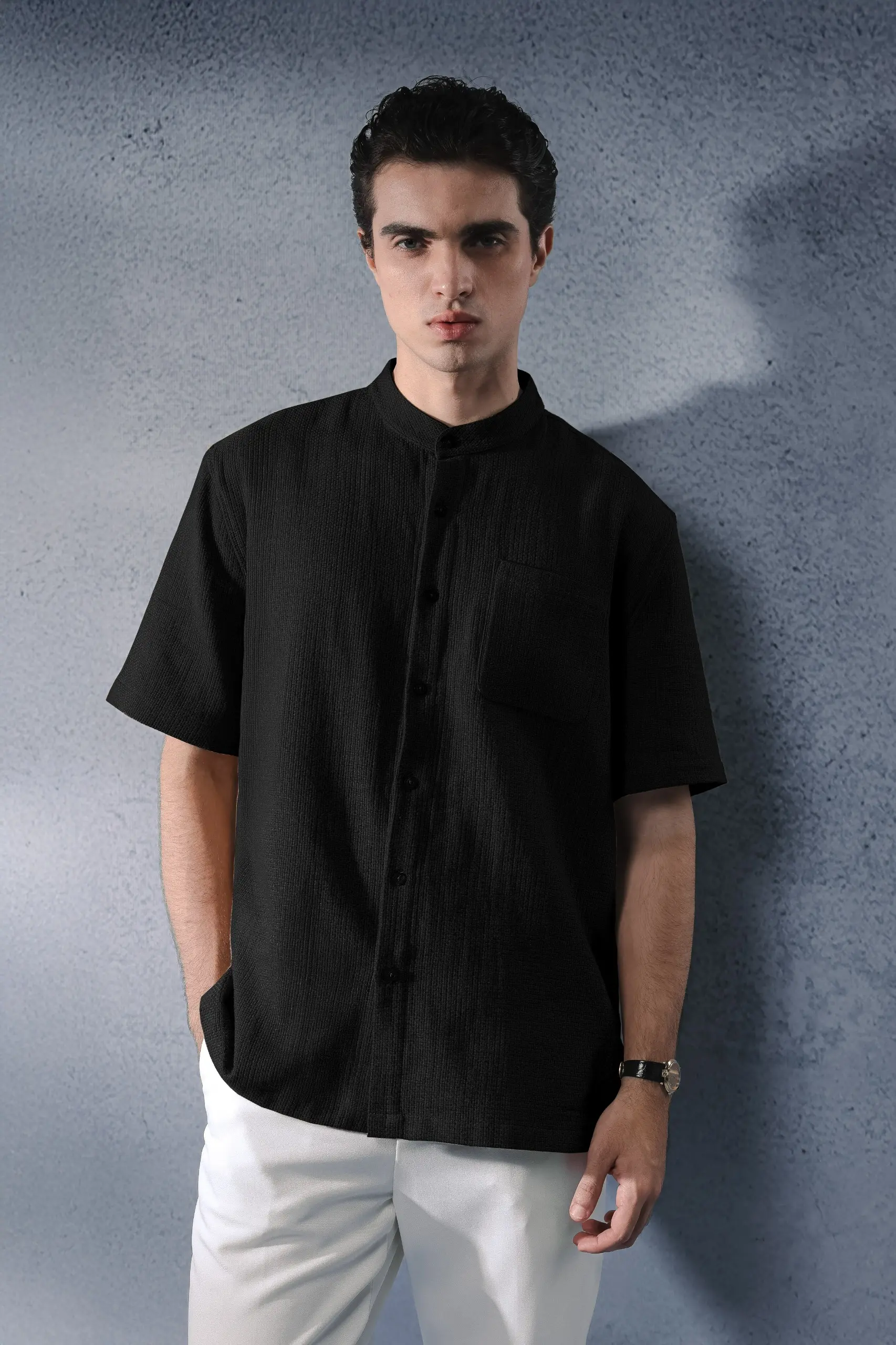 Delvine Textured Shirt Short Sleeve Black