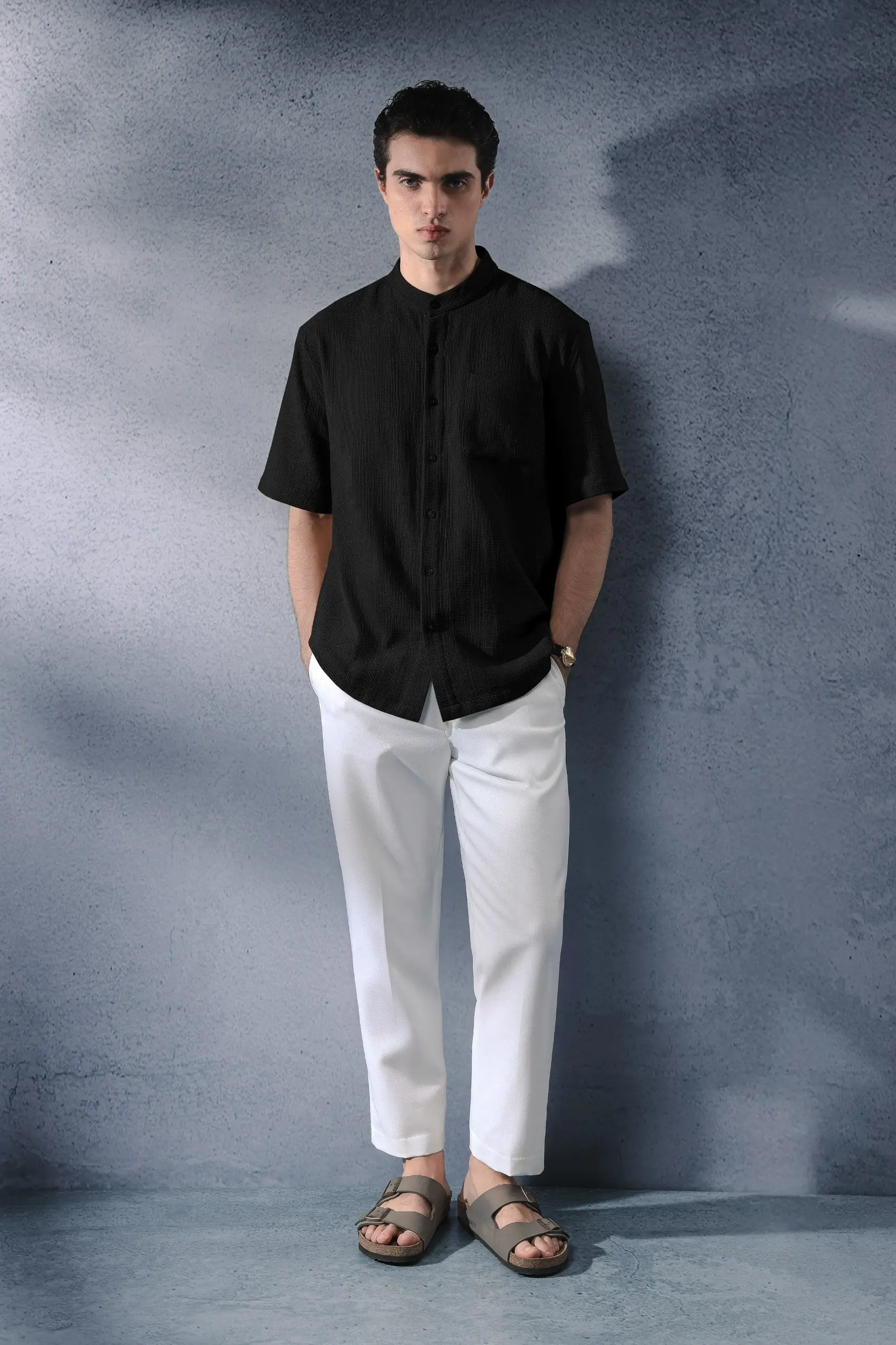 Delvine Textured Shirt Short Sleeve Black