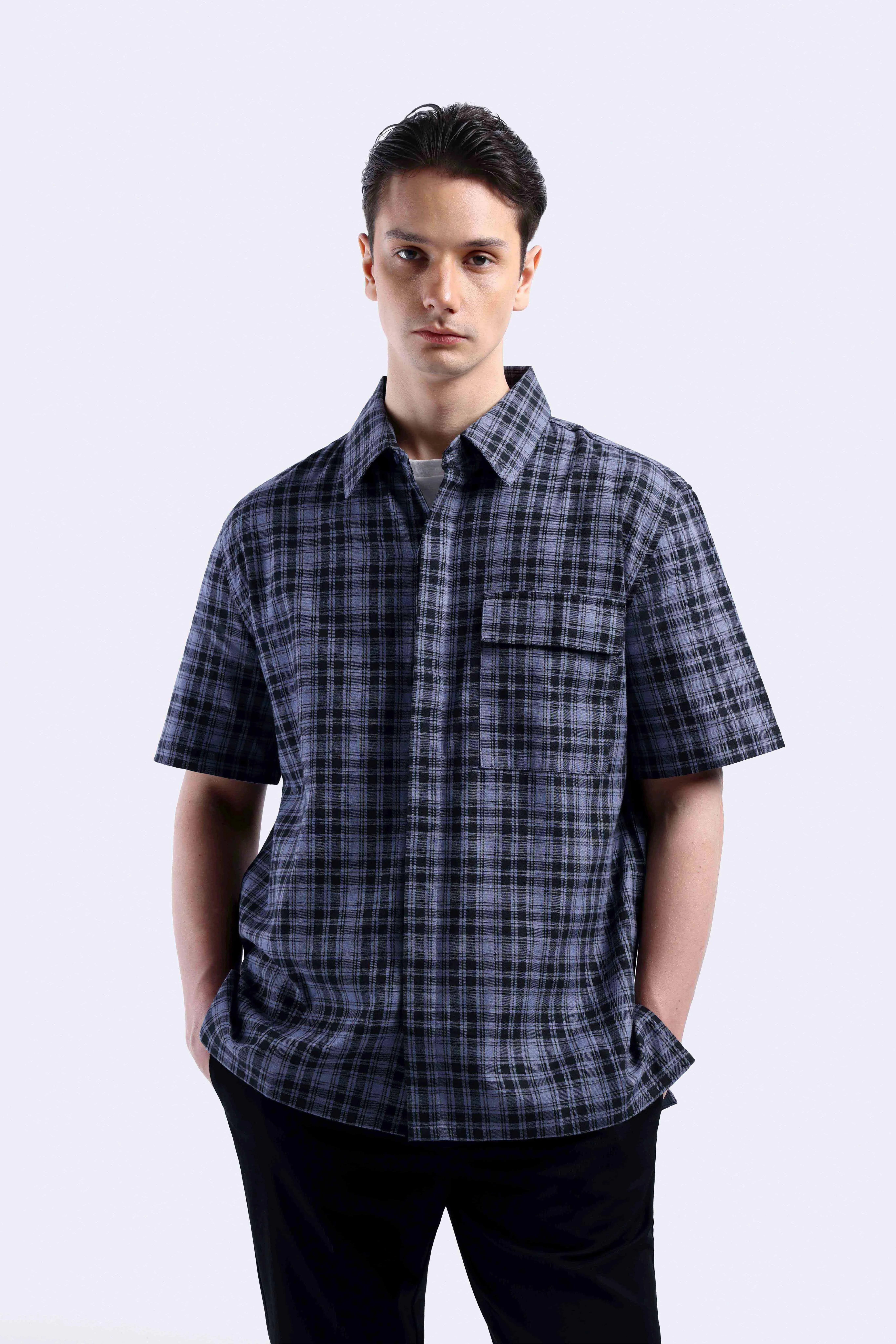 Donvitto Flanel Shirt Short Sleeve Blue