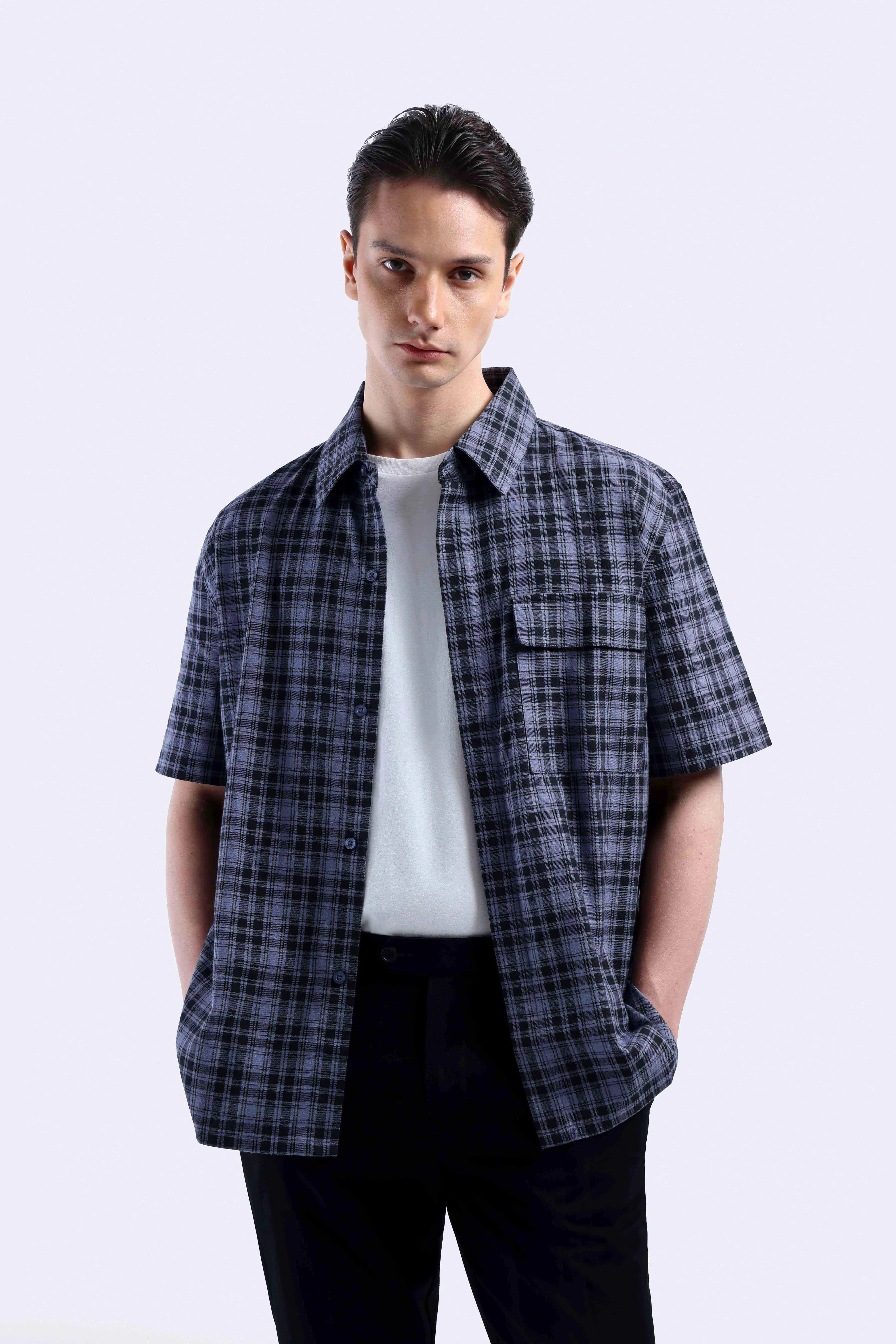 Donvitto Flanel Shirt Short Sleeve Blue
