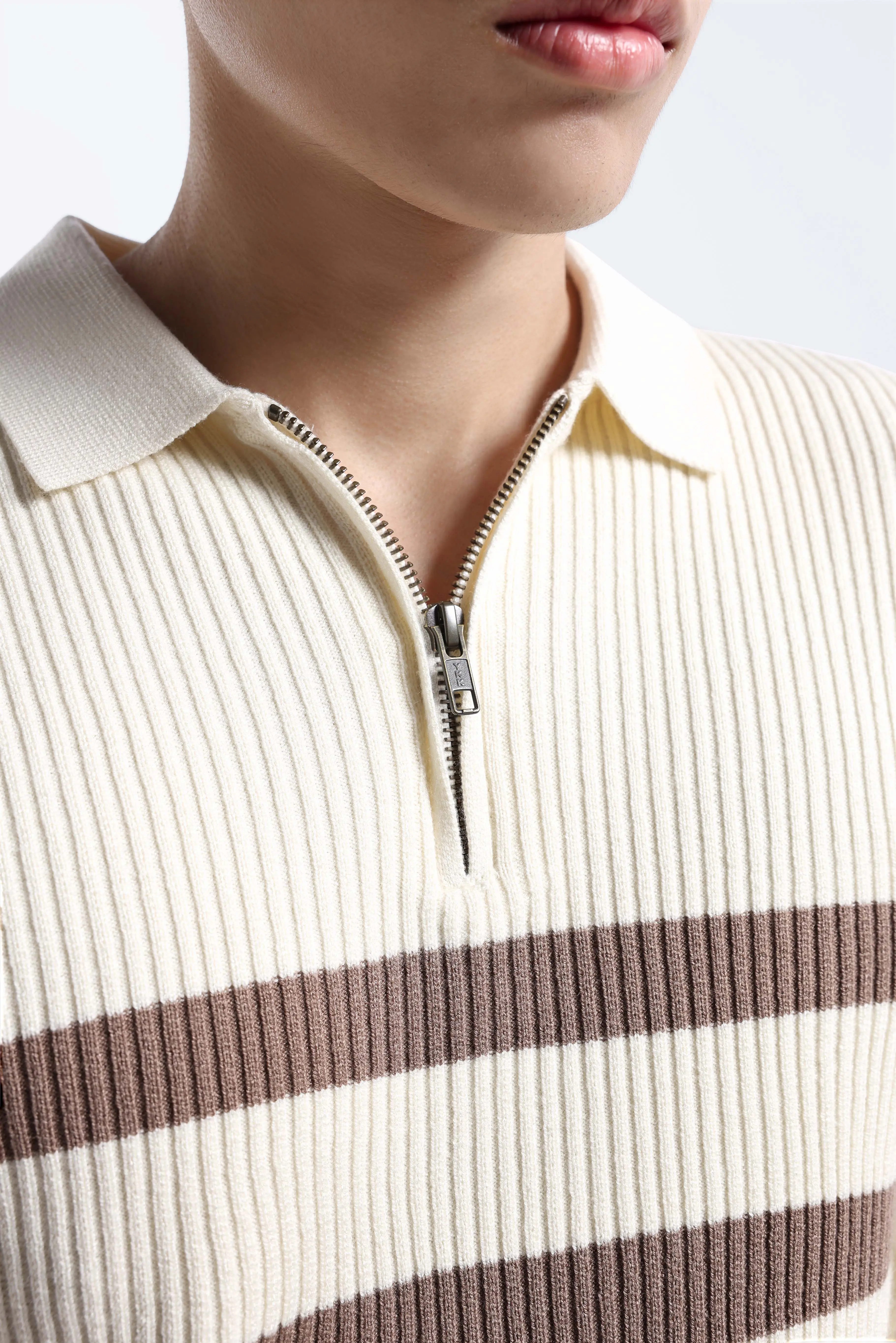 Elvore Stripe Polo Knit White-Brown