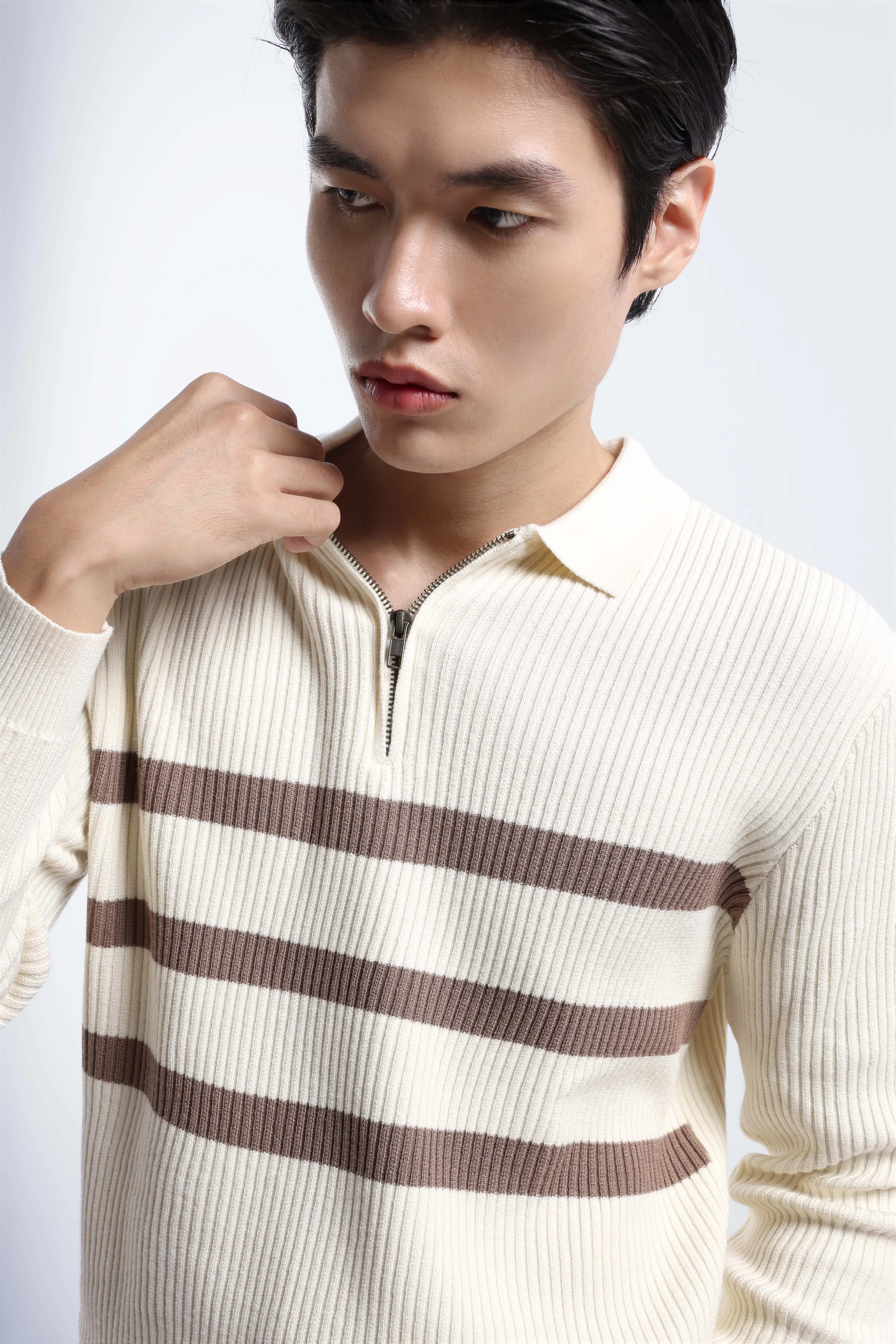 Elvore Stripe Polo Knit White-Brown