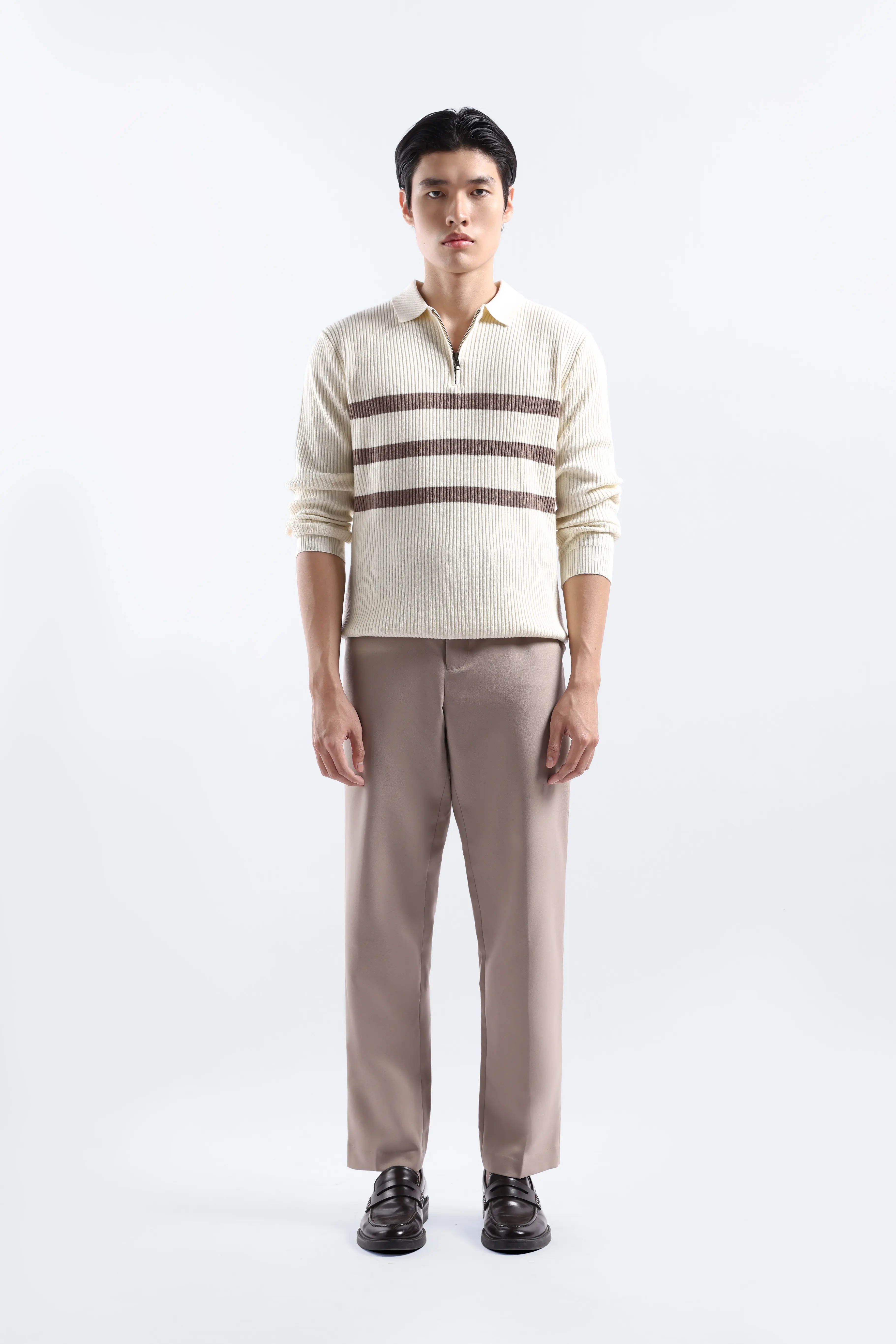 Elvore Stripe Polo Knit White-Brown