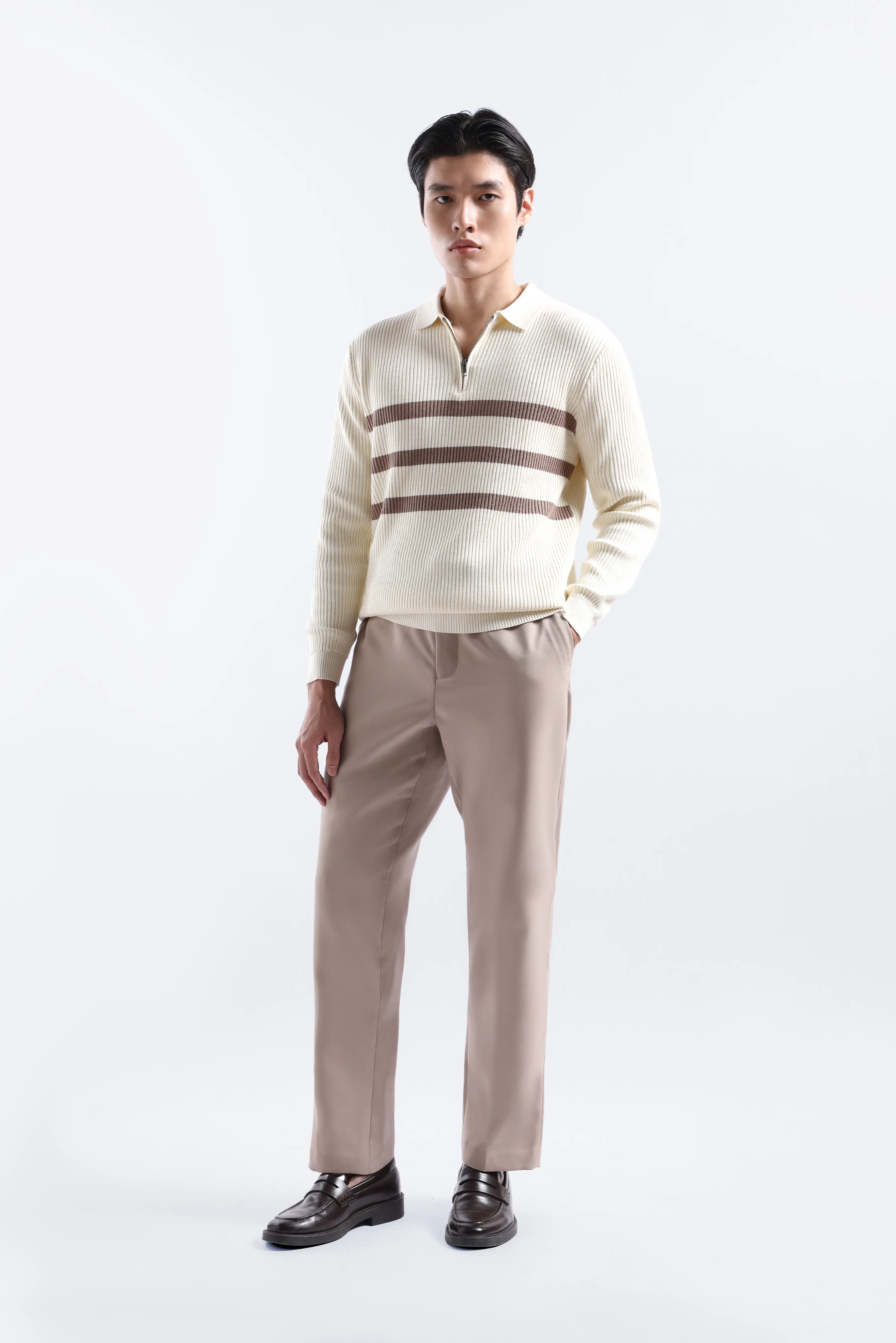 Elvore Stripe Polo Knit White-Brown