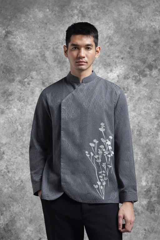 Image of Kemeja Beskap Bermotif Tentrem Lengan Panjang Kelabu