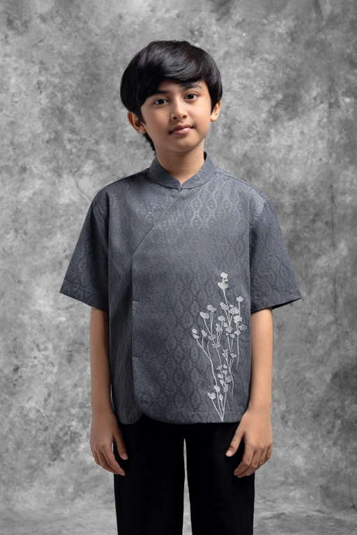 Image of Kemeja Anak Beskap Bermotif Tentrem Kelabu