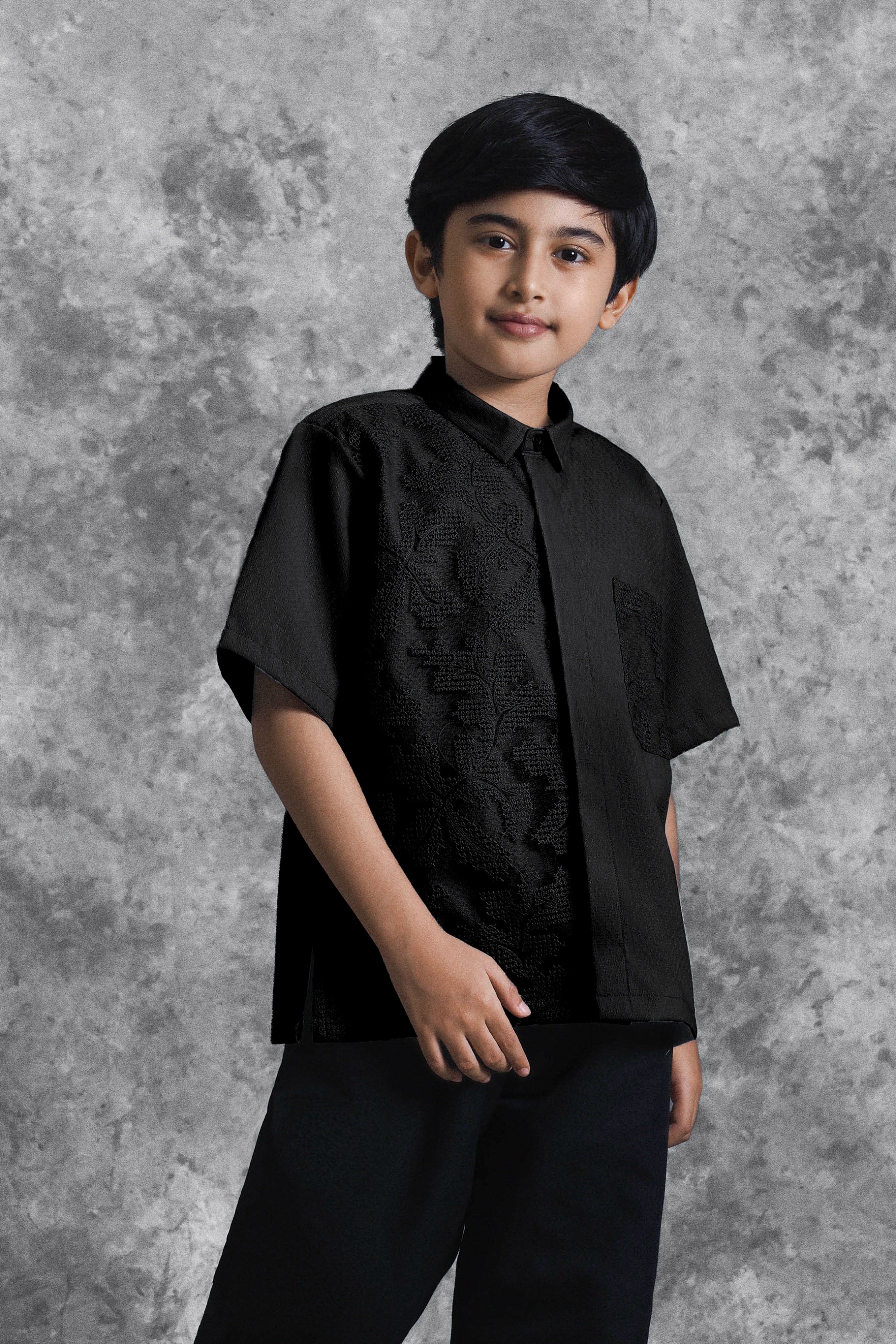 Kemeja Anak Brukat Saku Renjana Bayang