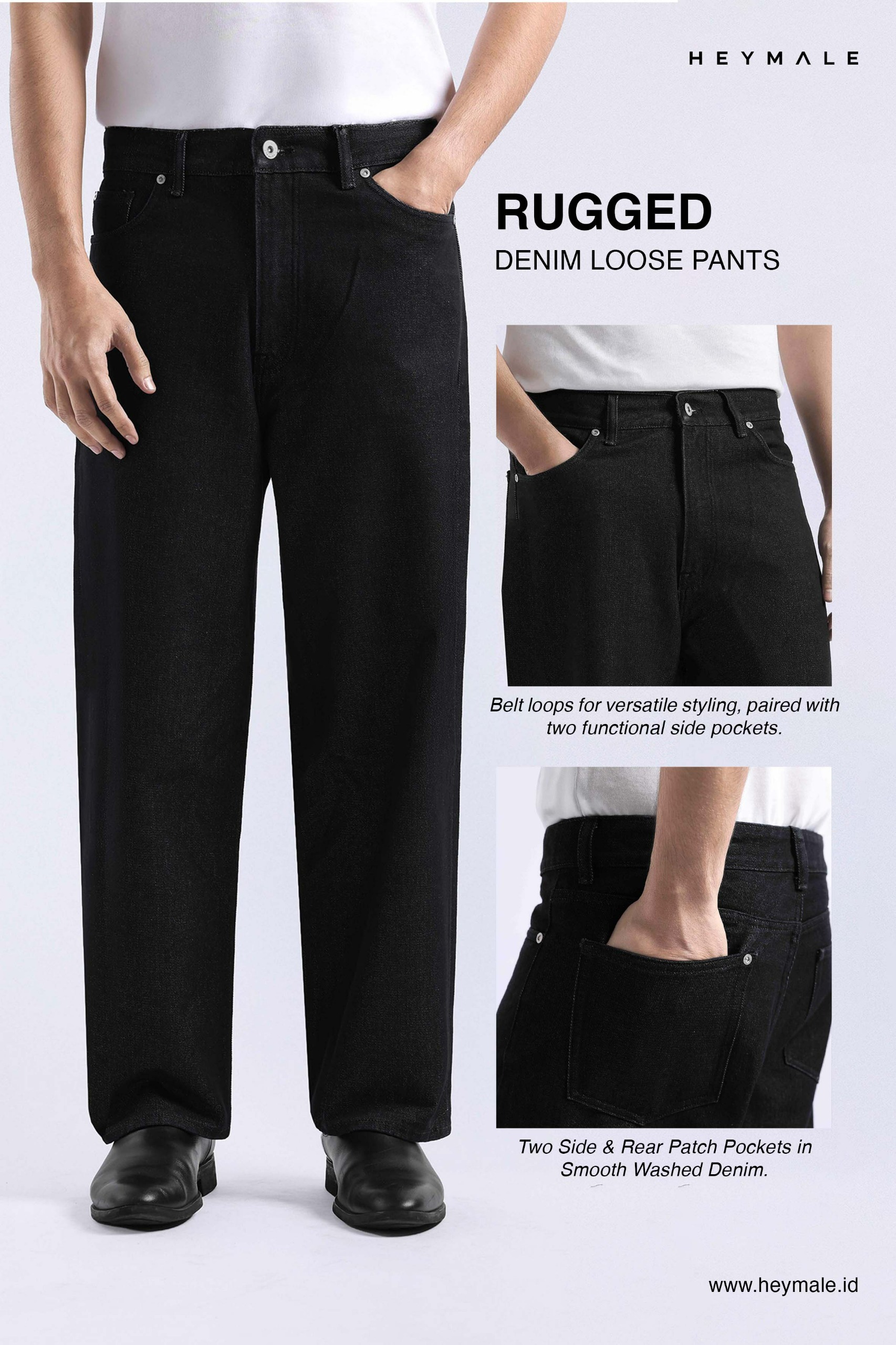 Rugged Denim Loose Pants Jet Black