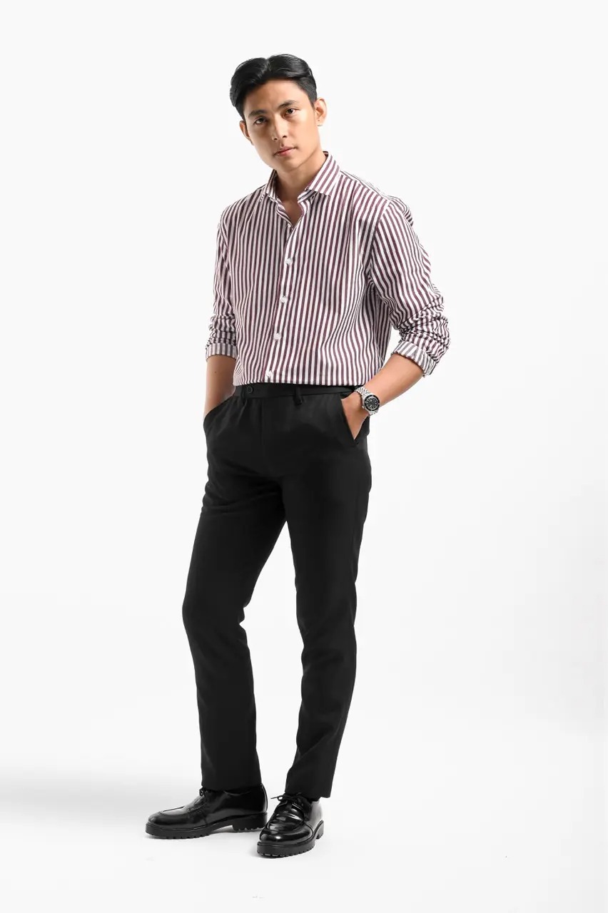 Stripy Shirt Long Sleeve Maroon