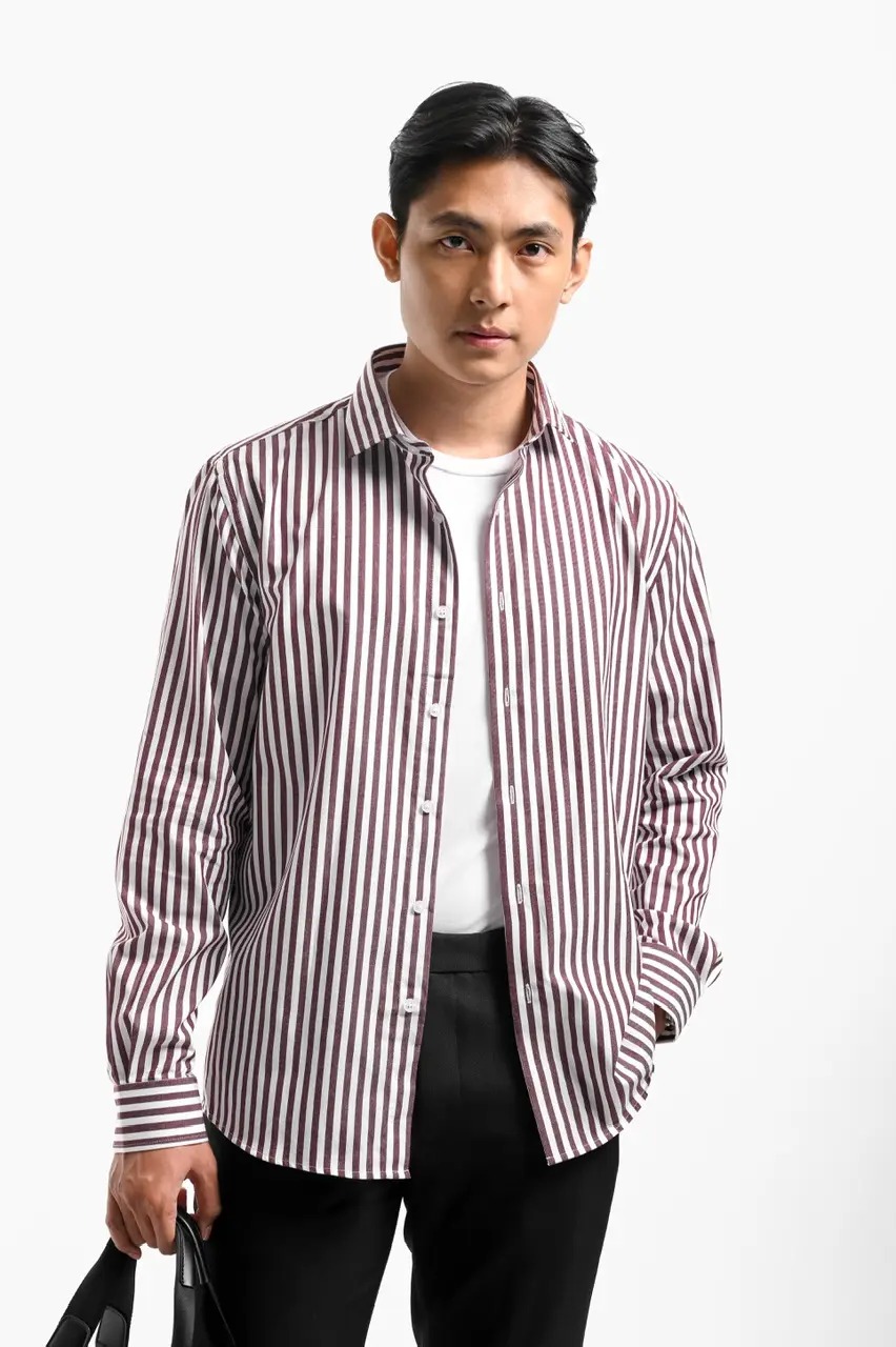 Stripy Shirt Long Sleeve Maroon