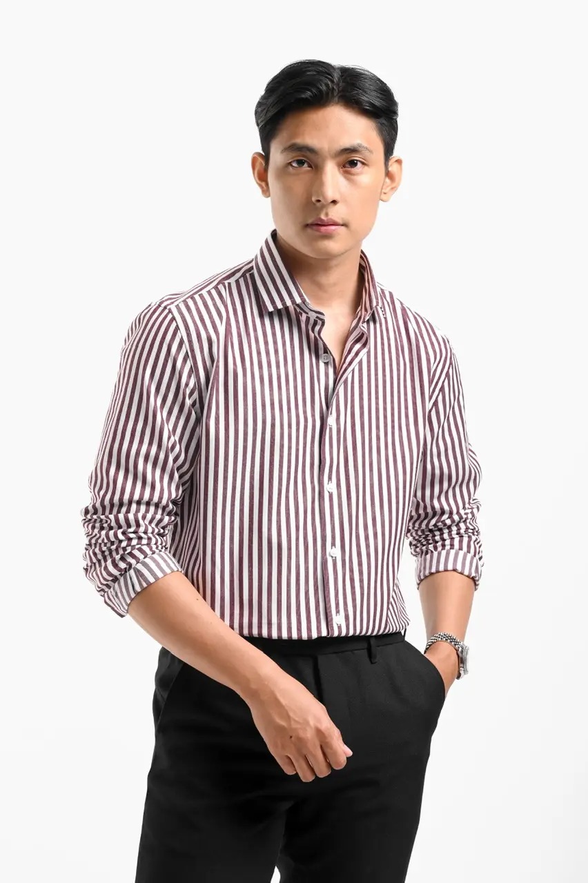 Stripy Shirt Long Sleeve Maroon