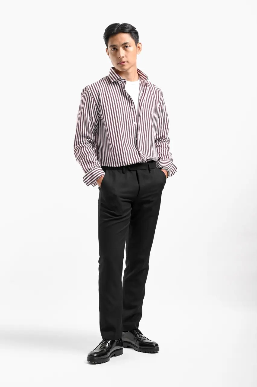 Stripy Shirt Long Sleeve Maroon
