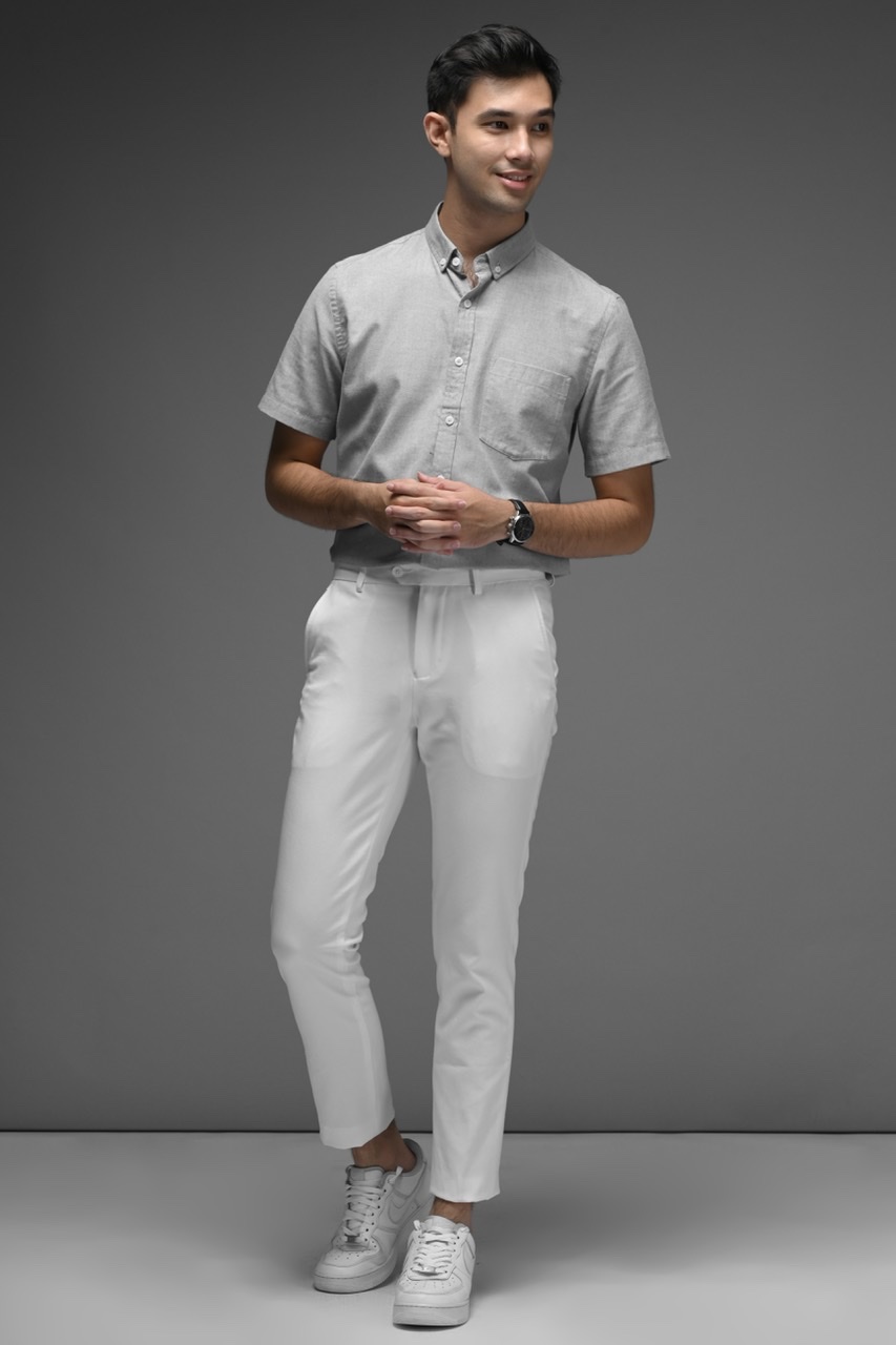PSCO10-EXETER WHITE BUTTON SHORT SLEEVE SHIRT GREY