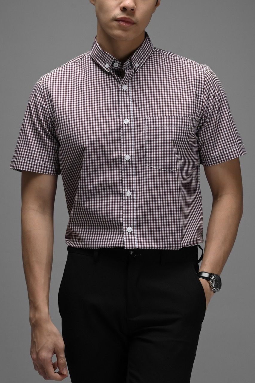 GINGHAM SHORT SLEEVE SHIRT MAROON