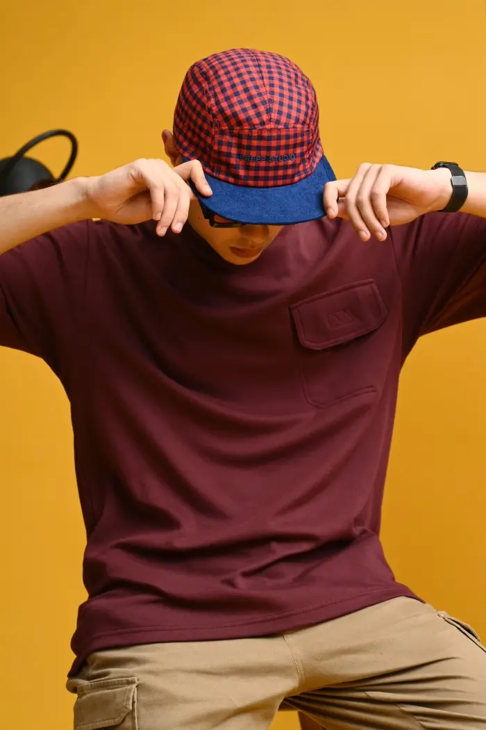 PADP14-5 PANEL GINGHAM CAP MAROON