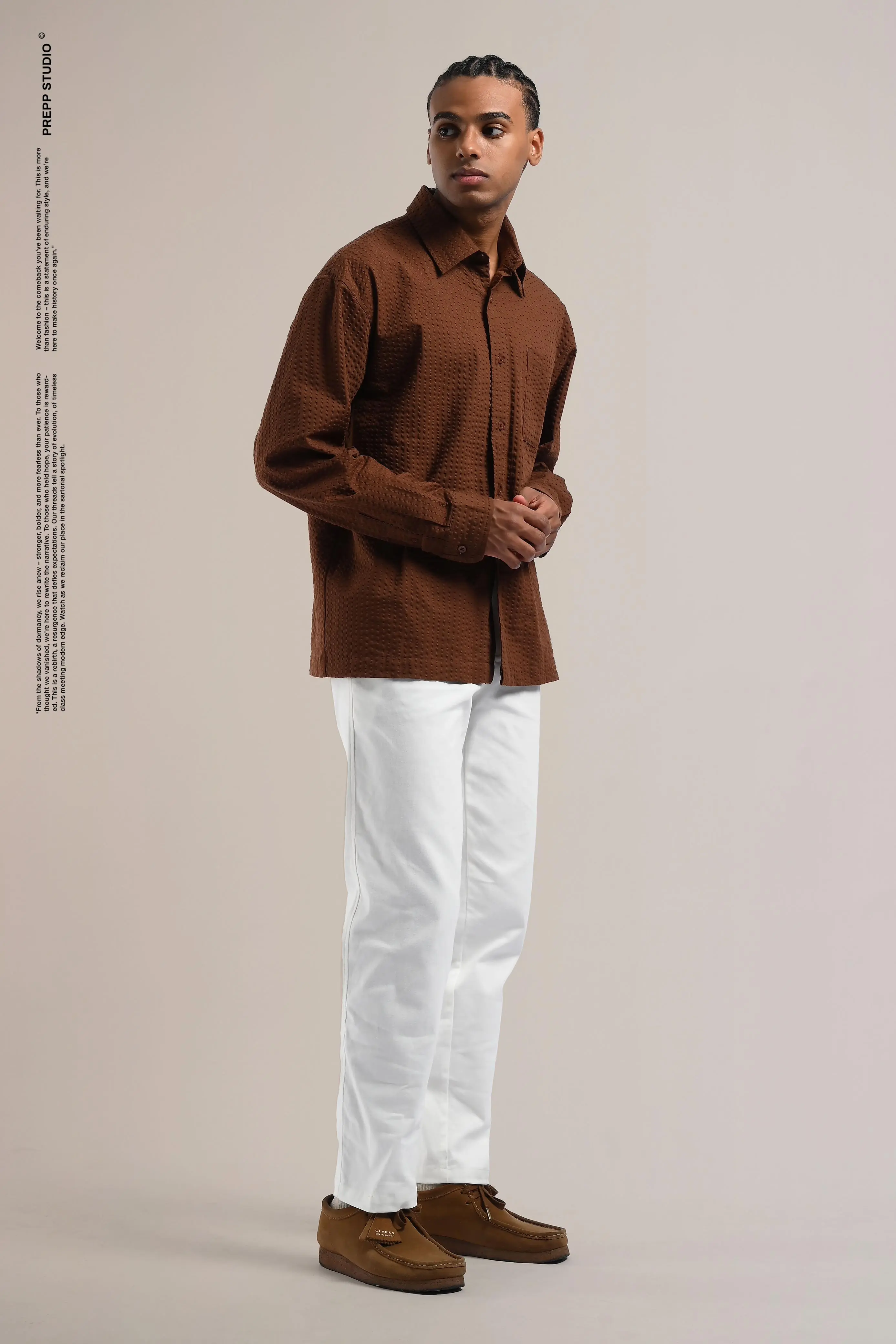 VELOFORE SEERSUCKER LONG SLEEVE SHIRT BROWN
