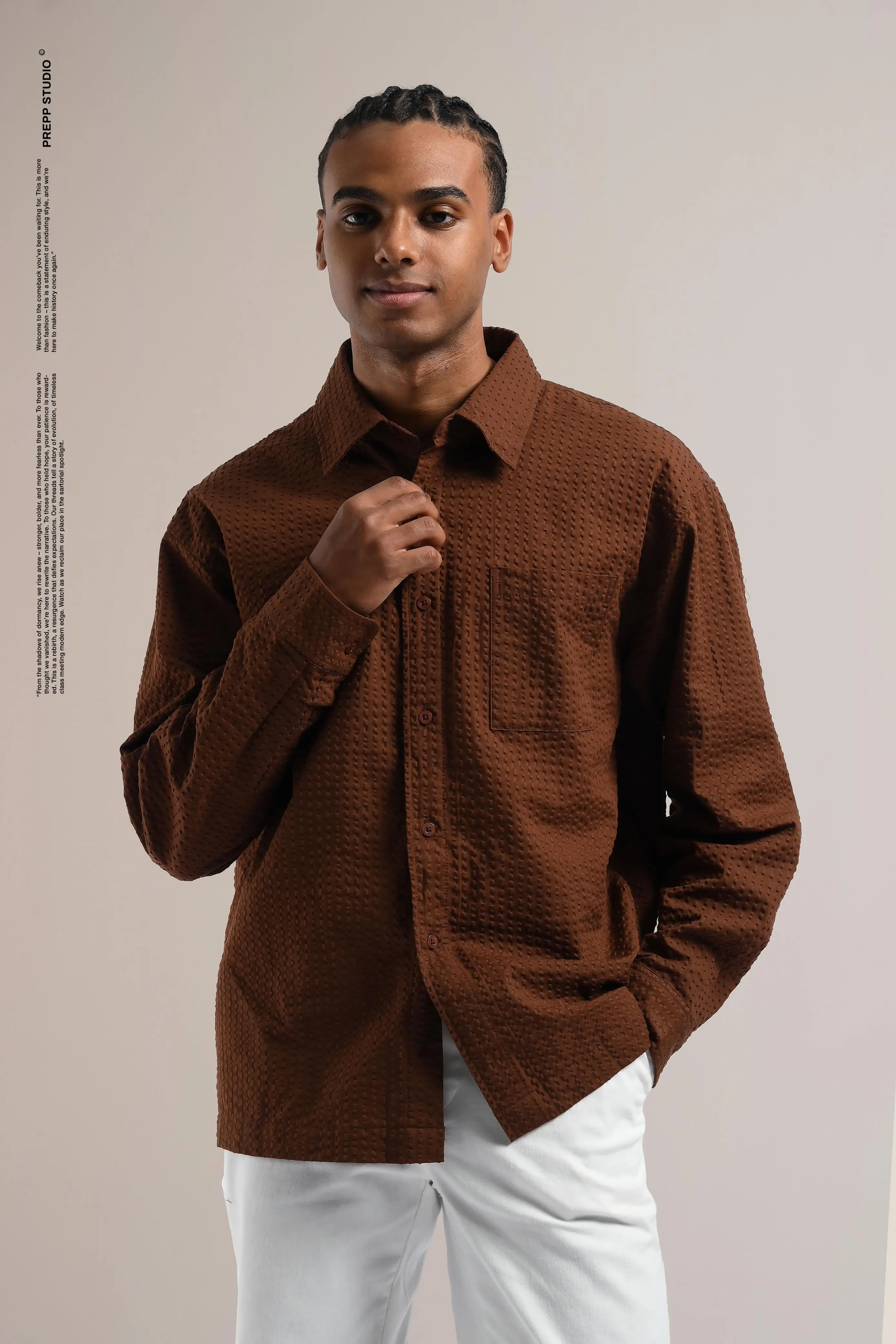 VELOFORE SEERSUCKER LONG SLEEVE SHIRT BROWN