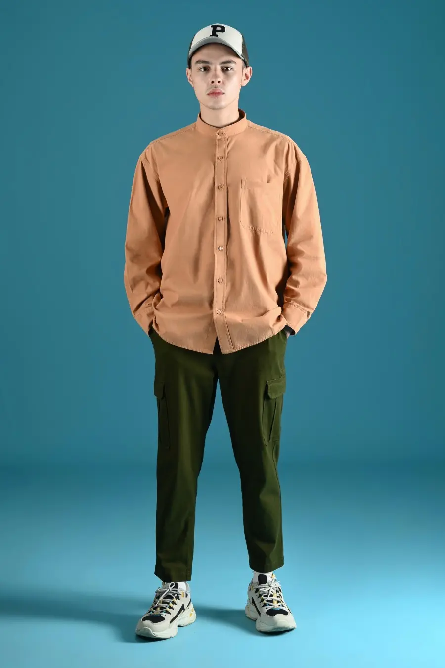 PSDU80-DREXEL OVERSIZED SHIRT STAND COLLAR TANGERINE BROWN